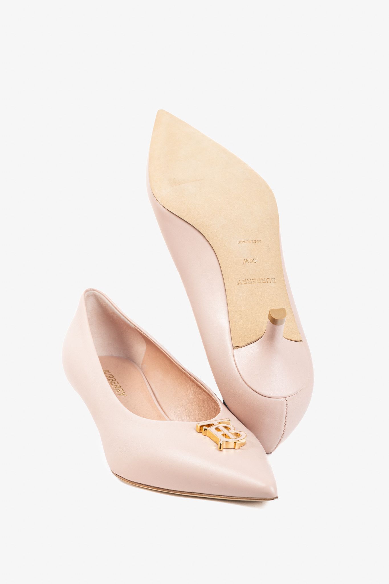Burberry Burberry Ezra 40 Pink Leather TB-Monogram Pointed-Toe Pumps Size US 5.5 / IT 35.5 - 4 Thumbnail