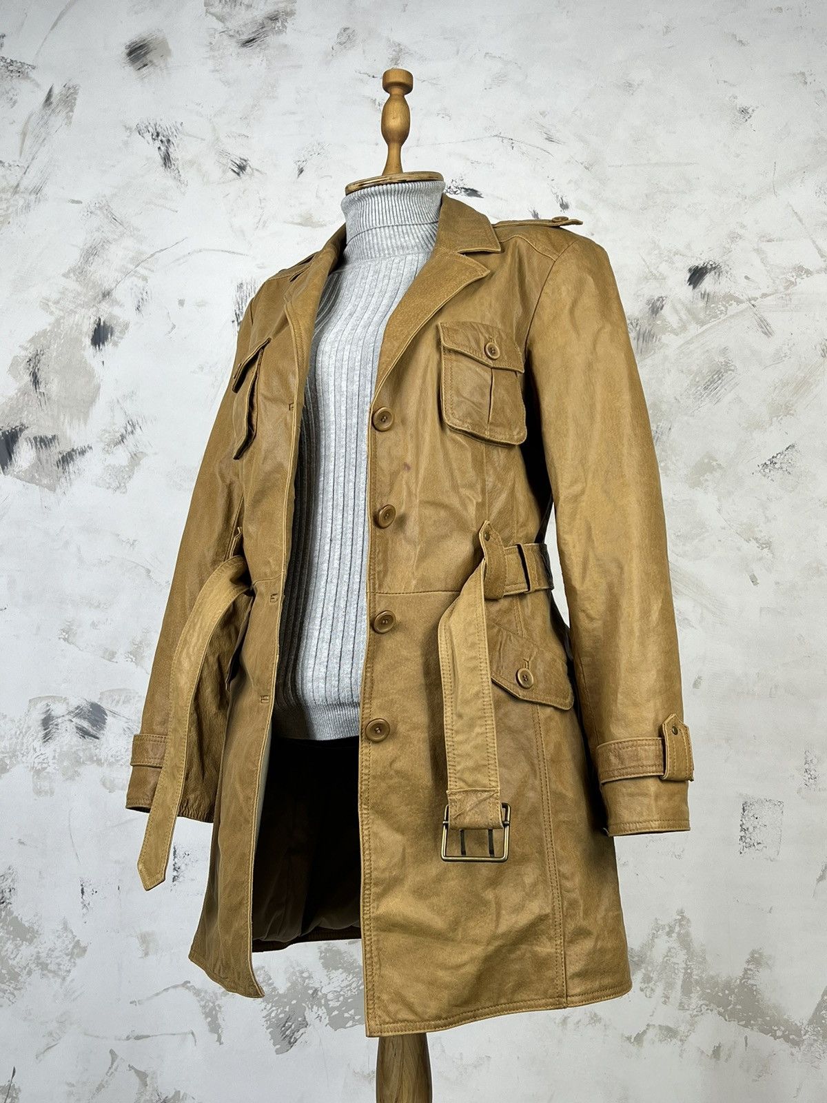 Vintage Vintage Y.O.U. Leather Belted Trench Coat Size S - M UK 12 Size M / US 6-8 / IT 42-44 - 3 Thumbnail