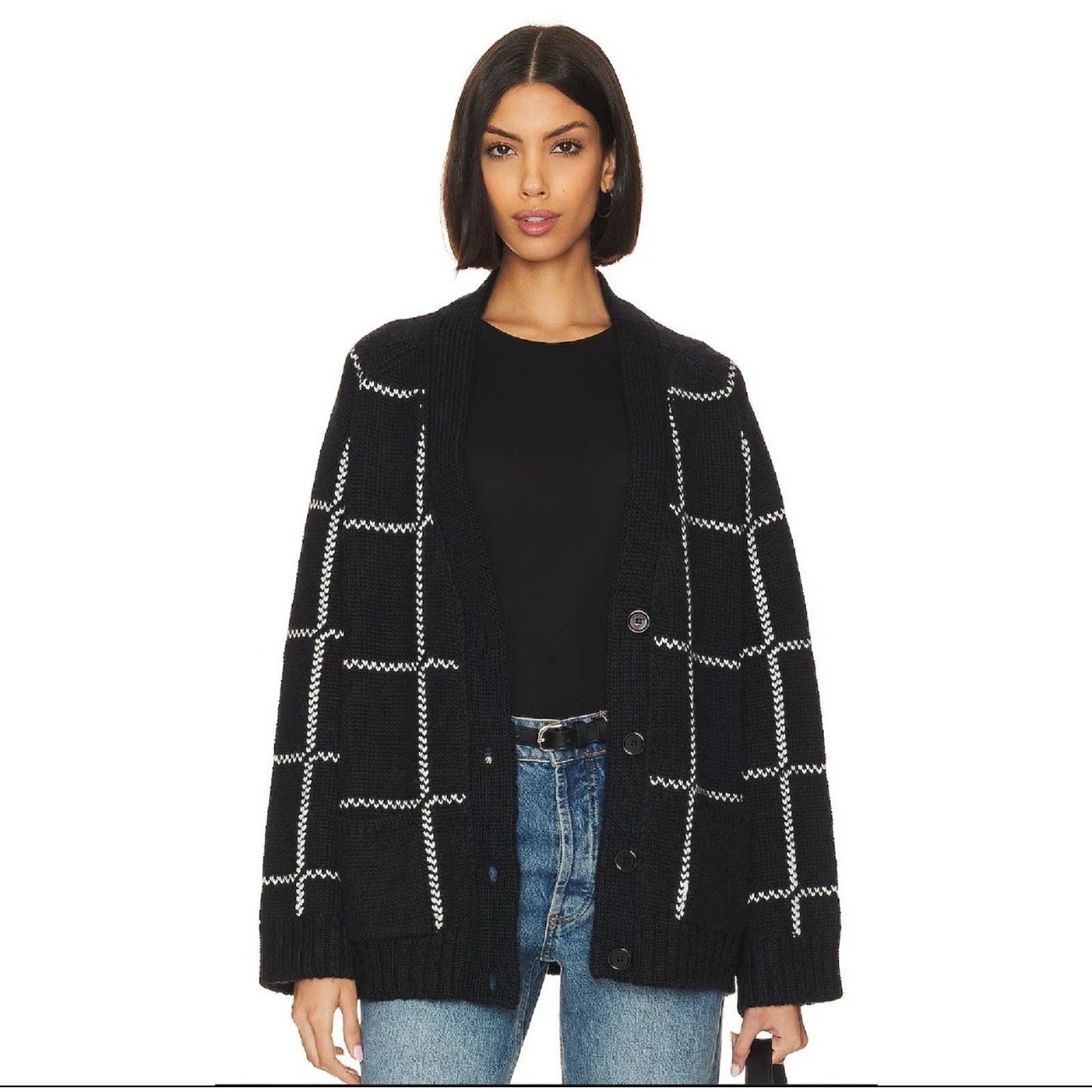 Anine Bing Anine Bing Kurt Black White Plaid Cardigan Merino Wool Blend Size S / US 4 / IT 40 - 4 Thumbnail