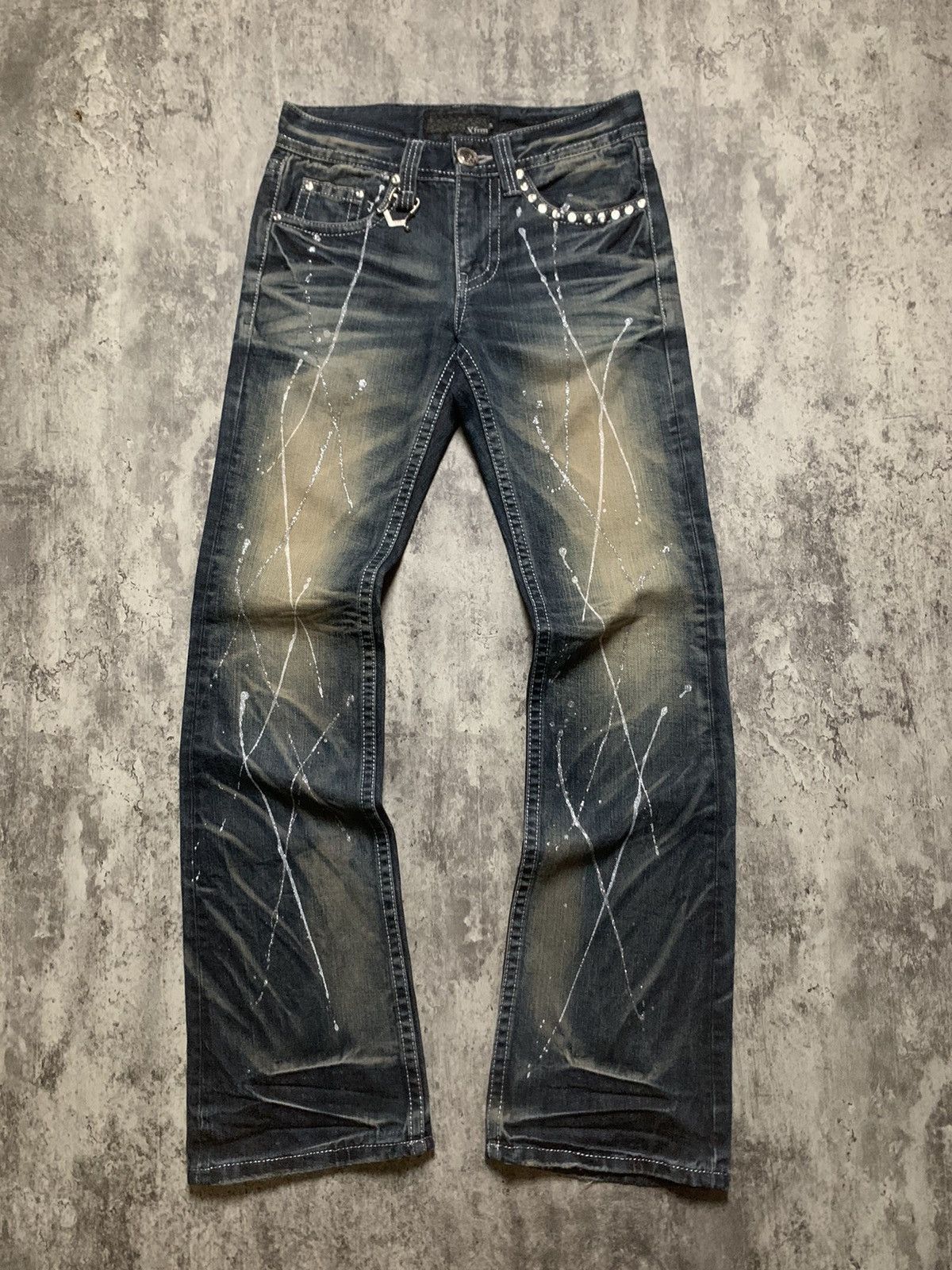 Y2K Xfrm Studded Splatter Mud Wash Rusty Flare Pants