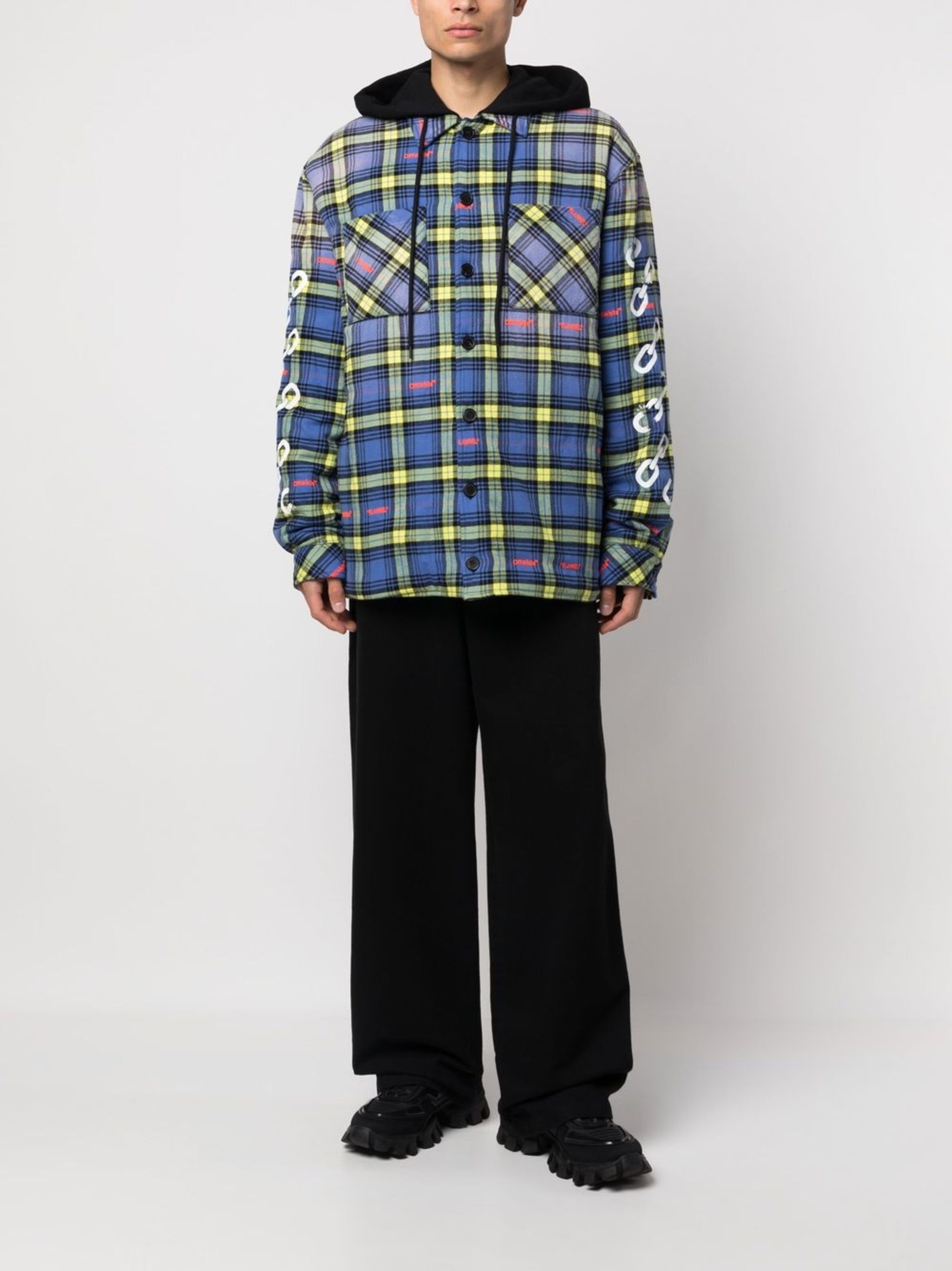 Off-White o1gr1nt1124 Chain Arrow Flannel Hoodie Oversized Dusty Blue Size US M / EU 48-50 / 2 - 2 Thumbnail
