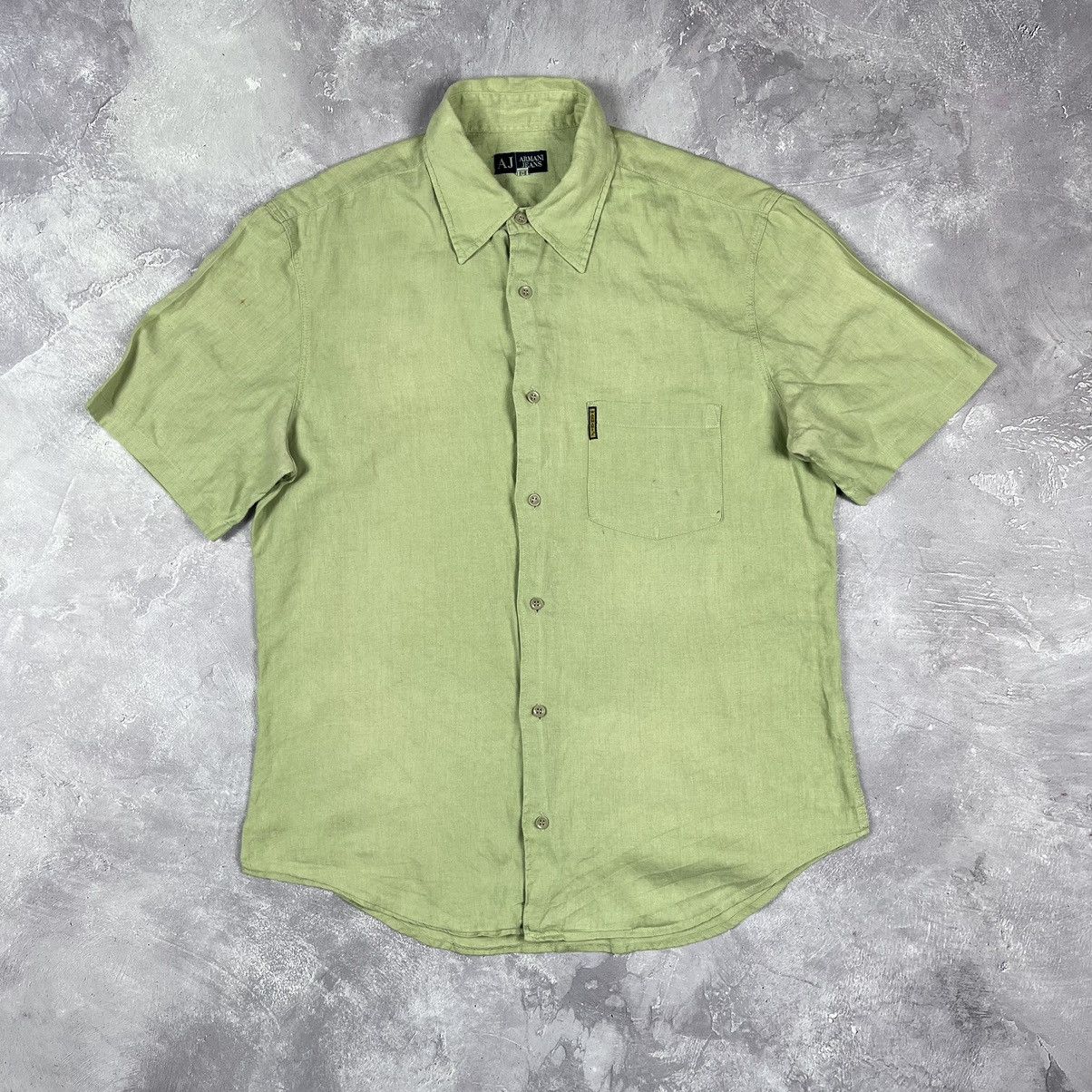 Armani Vintage Armani Jeans Linen Shirt ShortSleeve Button Up Green Size US M / EU 48-50 / 2 - 1 Thumbnail