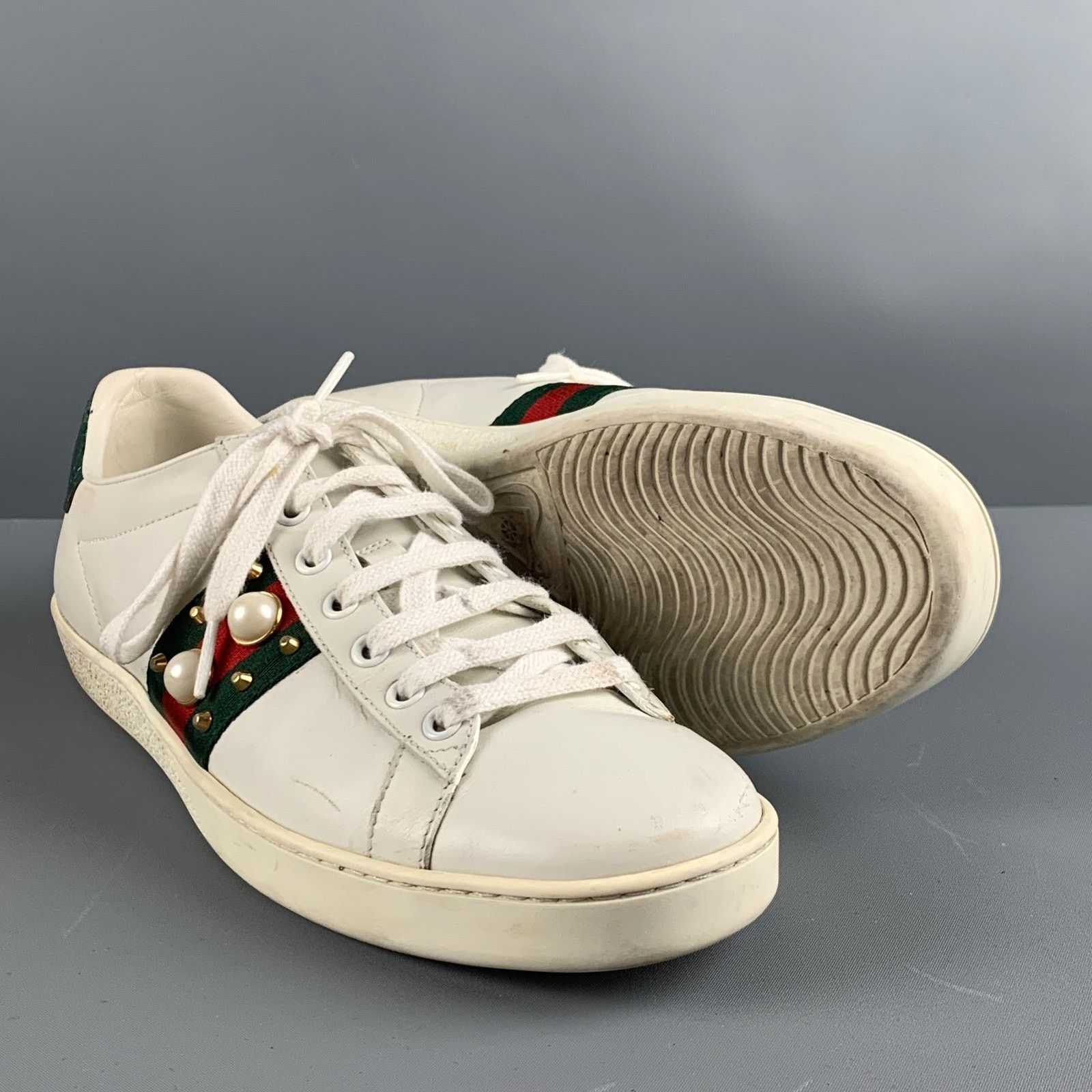 Gucci GUCCI 10 White Green & Red Leather Ribbon Low Top Sneakers Size US 10 / IT 40 - 5 Thumbnail