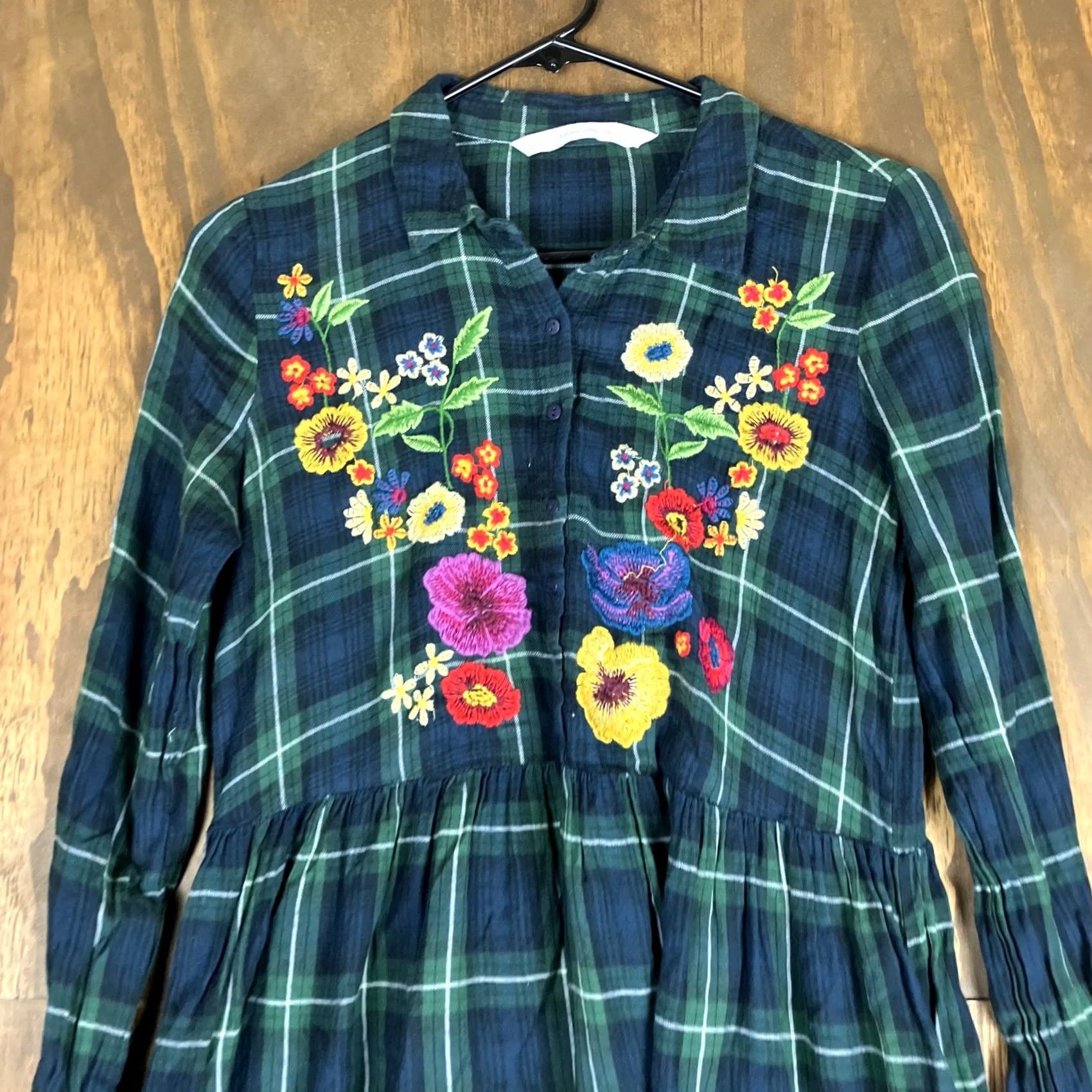 Zara Zara Trafalgar Womens Dress Blue Green Plaid Floral Embroider V Neck Pockets XS Size XS / US 0-2 / IT 36-38 - 2 Thumbnail