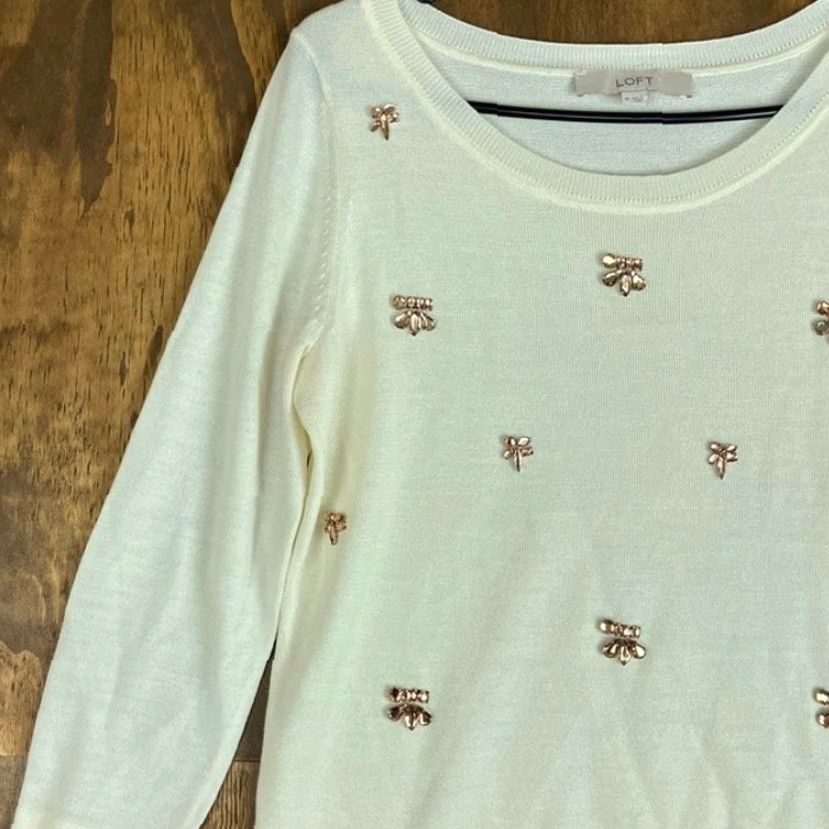 Ann Taylor Ann Taylor LOFT Womens Sweater Cream Gold Jeweled Wool Blend M 3/4 Sleeve Long Sleeve Pullover Casual Workwear Womens Size M / US 6-8 / IT 42-44 - 4 Thumbnail