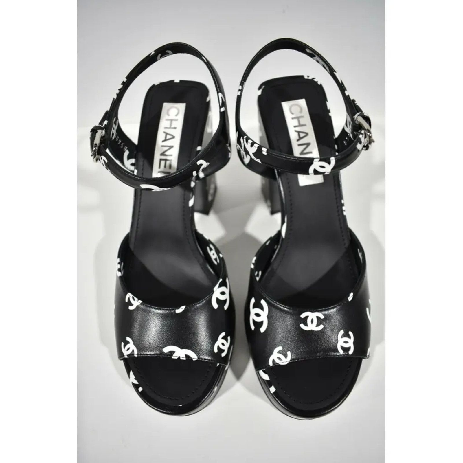 Chanel Chanel 22S Black White Lambskin CC Logo Platform Strap Size US 9 / IT 39 - 7 Thumbnail