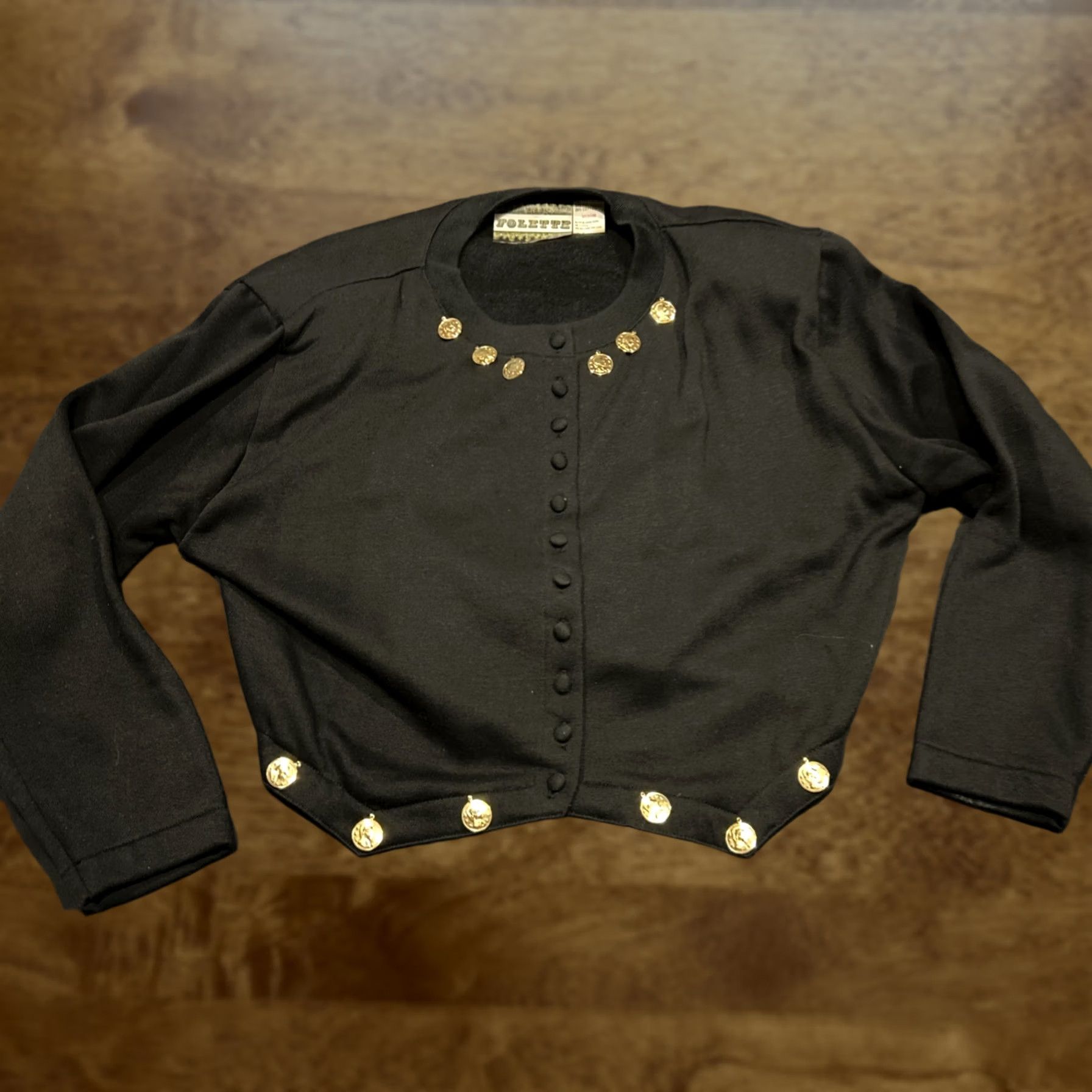 Vintage Folette Black & Gold Cropped Blazer Jacket Women M Round Neck Long Sleeve Polyester Button Blouse Size M / US 6-8 / IT 42-44 - 1 Thumbnail