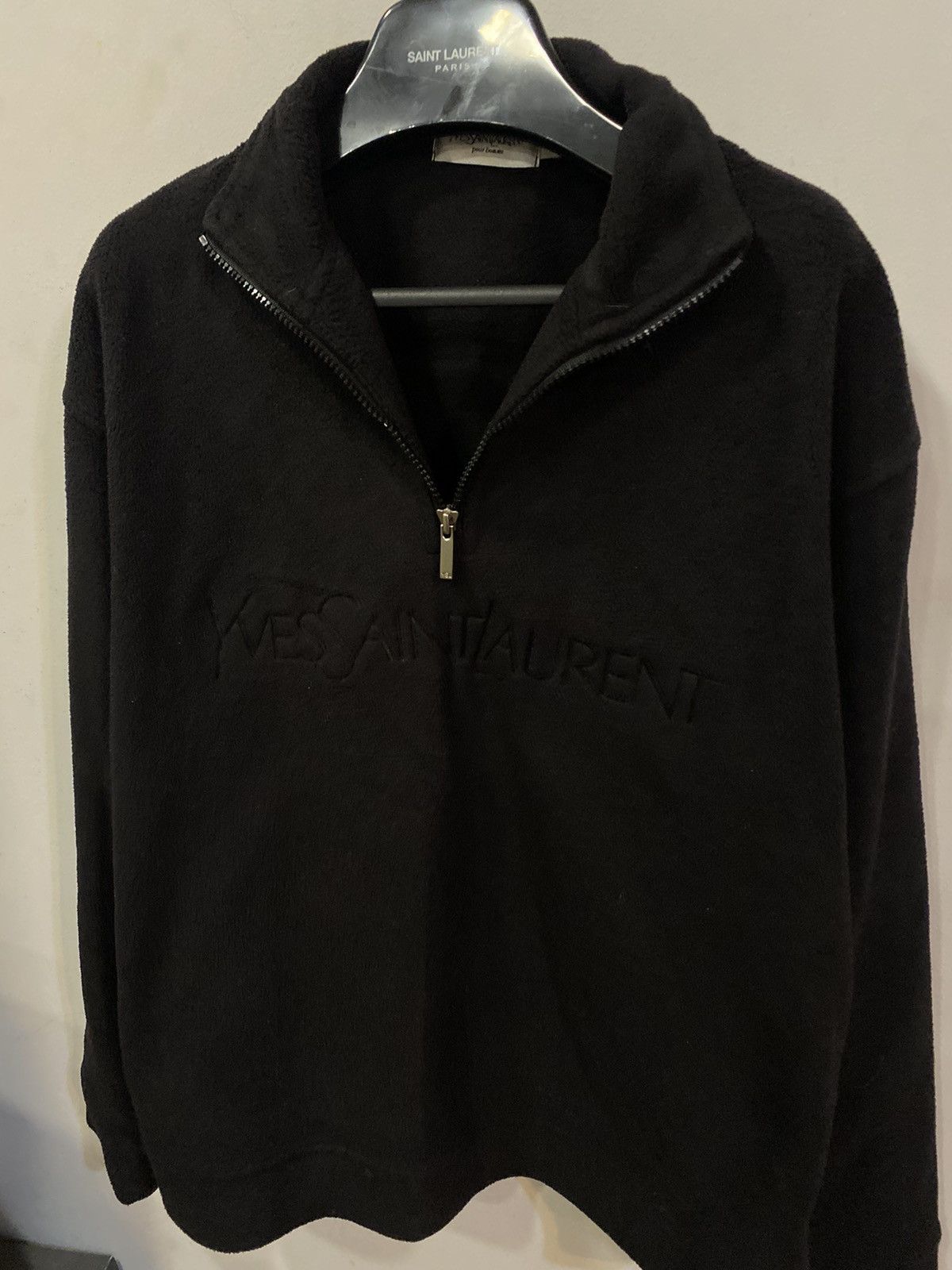 Yves Saint Laurent Fleece Black YSL Sweatshirt 1/4 Quarter Zip Big Logo Sweater Size US L / EU 52-54 / 3 - 16 Thumbnail