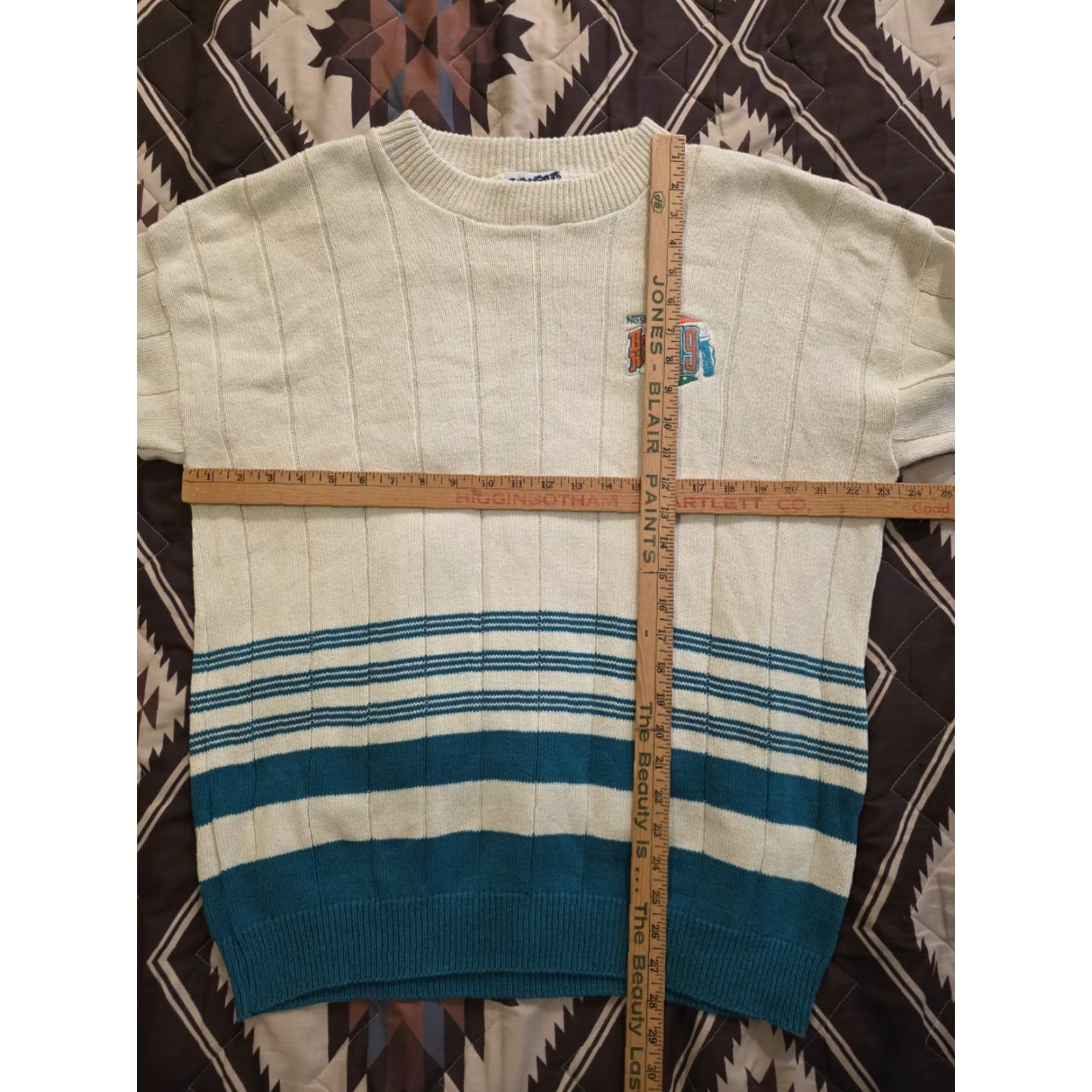 Altea VINTAGE Graffiti Sweater Men XL Crew Neck Long Sleeve Cotton Knit Golf Patch Ivory Teal 90s Preppy Casual Mens Size US XL / EU 56 / 4 - 6 Thumbnail