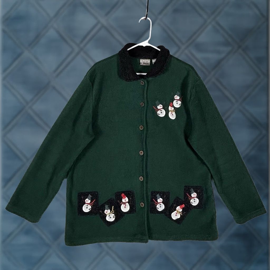Vintage Baxter Wells Womens Large Christmas Ugly Fleece Jacket Snowman Button Up Collar Size L / US 10 / IT 46 - 1 Thumbnail