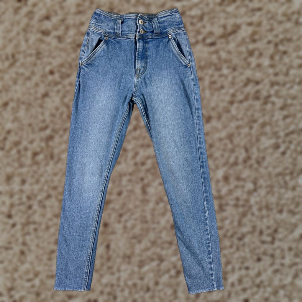 Forever 21 FOREVER 21 Jeans Women's Blue Denim Skinny 25 High Rise Cotton Blend 5-Pocket Stretch Pockets Logo Raw Hem Vintage No Size 42" / US 20 - 1 Thumbnail