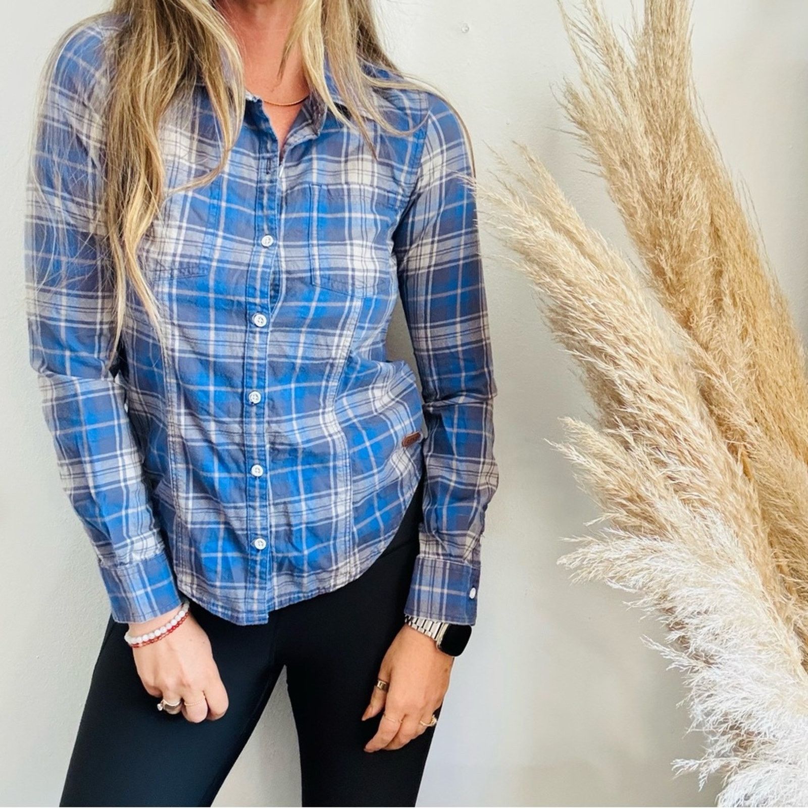 Quicksilver ROXY Blue White Grey Stripe Plaid Button Shirt Top Blouse S Size S / US 4 / IT 40 - 14 Thumbnail