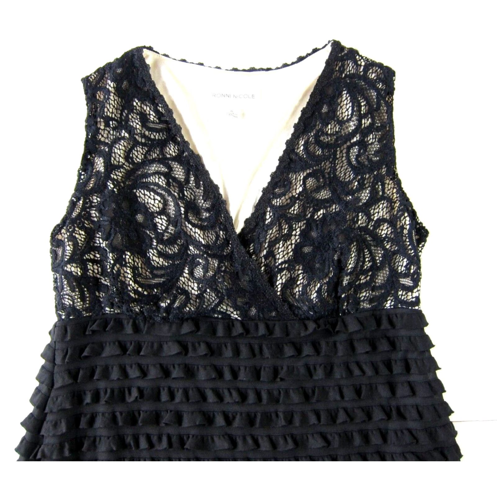 Ronni Nicole Black Lace Stretch V-Neck Sleeveless Layer Ruffle Sheath Dress  6