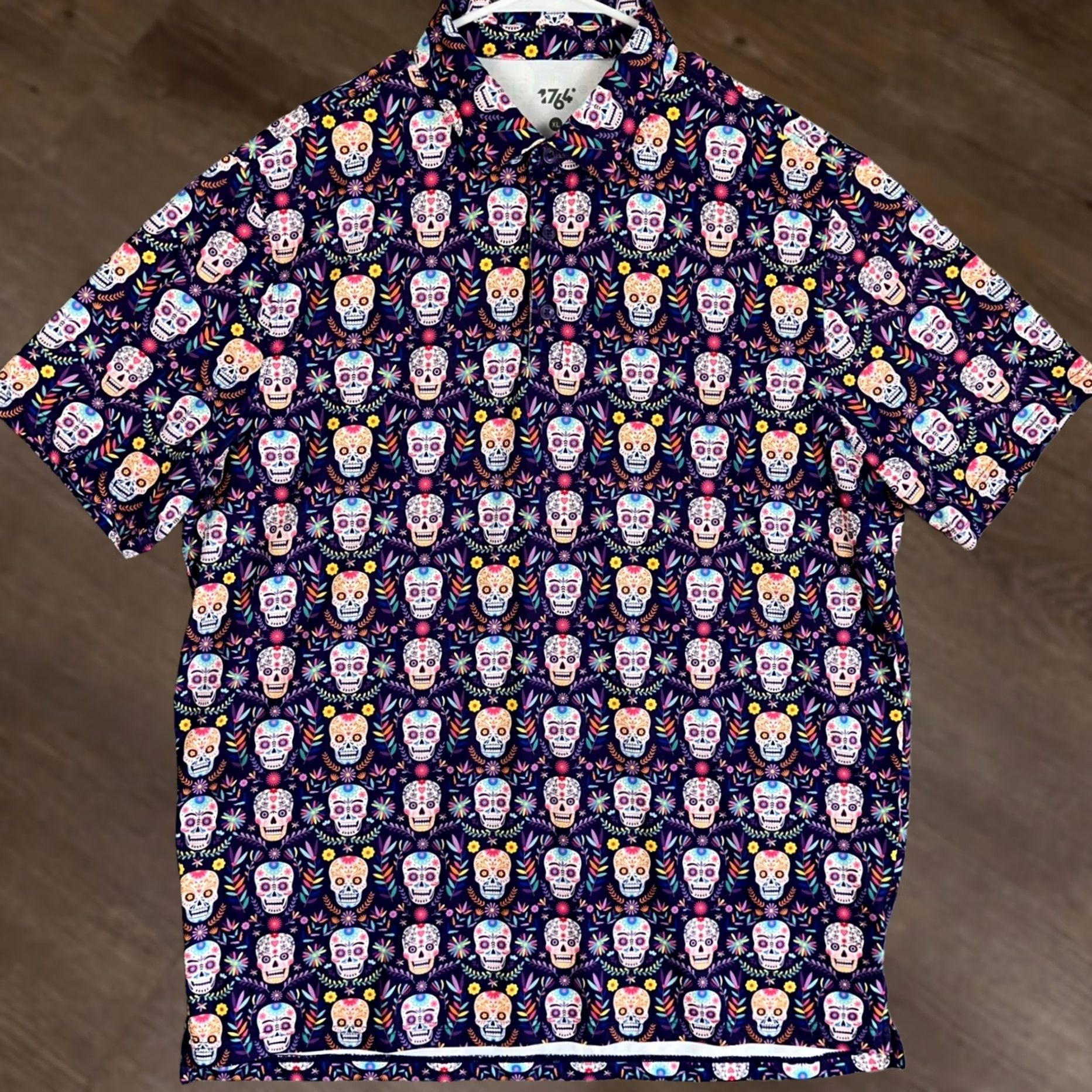 Vintage 1764 Day Of The Dead Polo Shirt Mens XL Purple Floral Golf Rugby EUC Size US XL / EU 56 / 4 - 1 Thumbnail