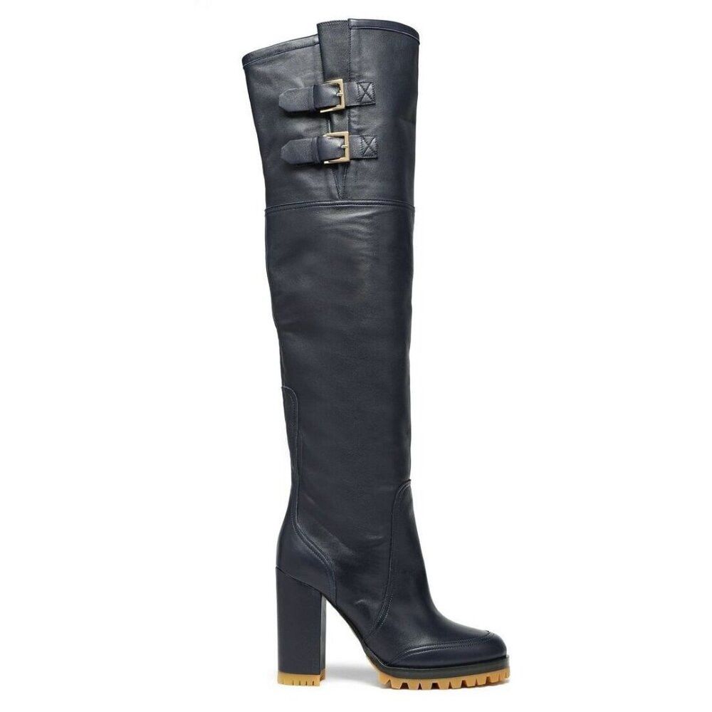 image of Red Valentino Over The Knee Leather Wader Boots 37 7 Blue, Women's