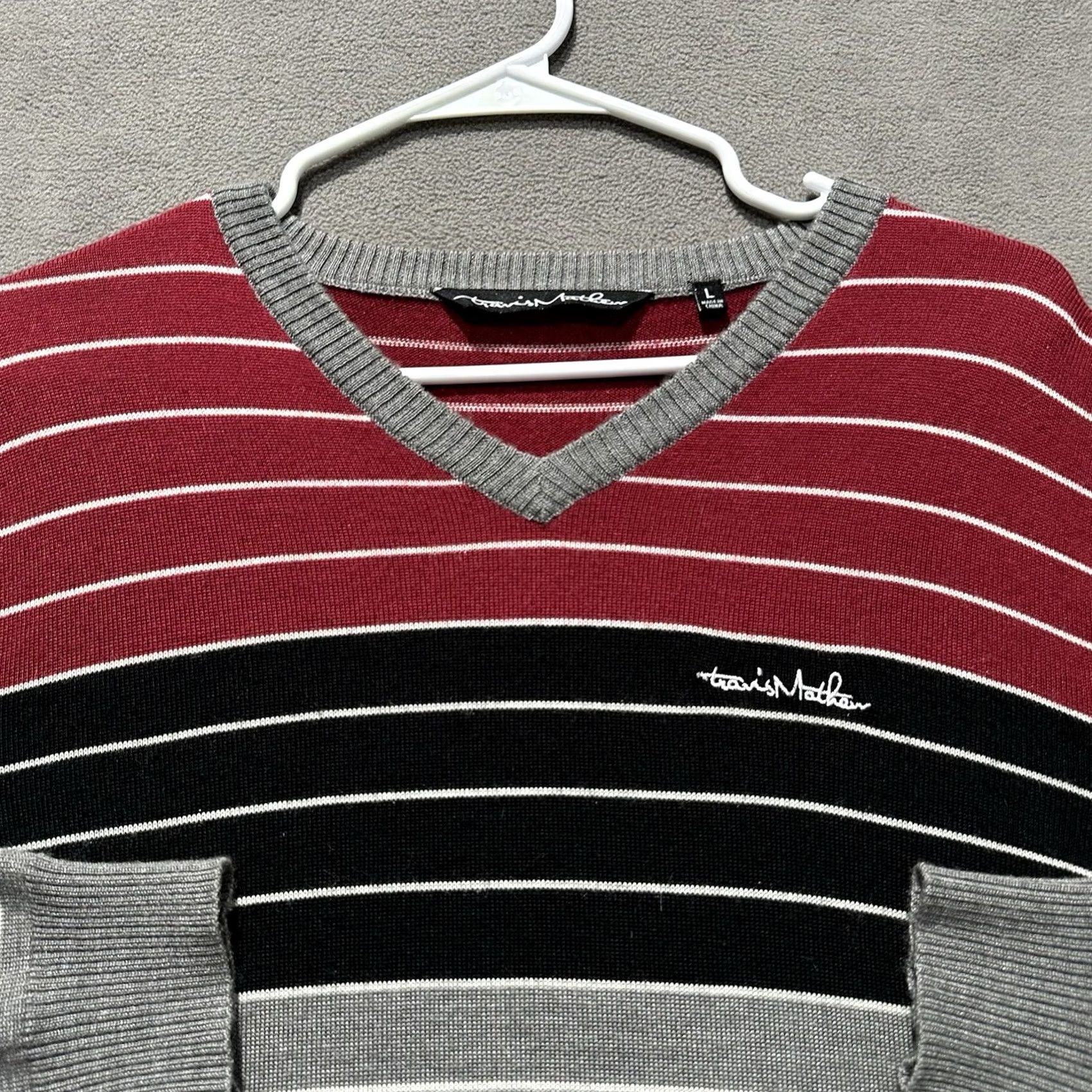 TravisMathew Travis Mathew Sweater Mens Large Gray Red Black Striped V-Neck Merino Wool Blend Size US L / EU 52-54 / 3 - 3 Thumbnail