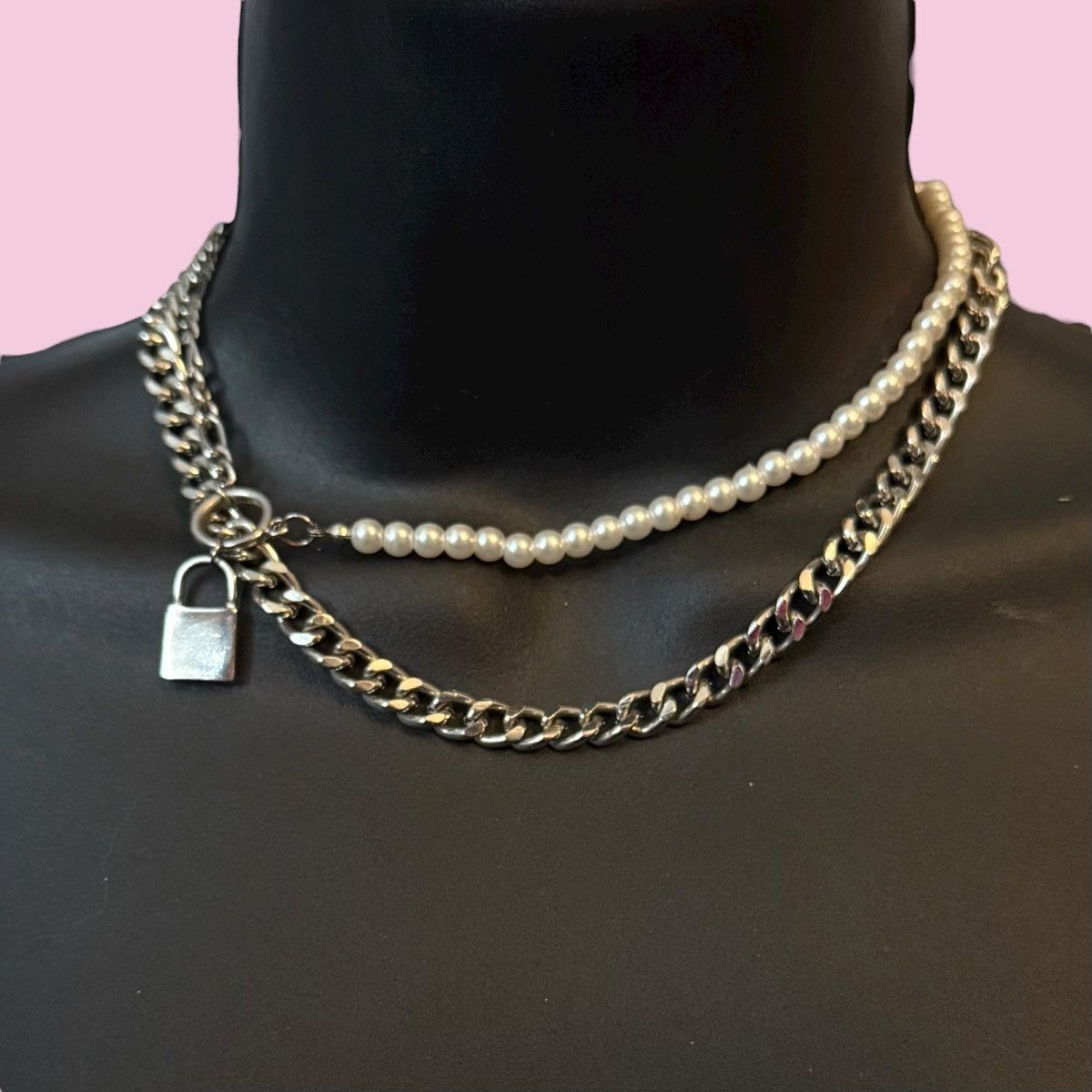 Other Layered silver tone chain and pearl padlock necklace Size ONE SIZE - 1 Thumbnail