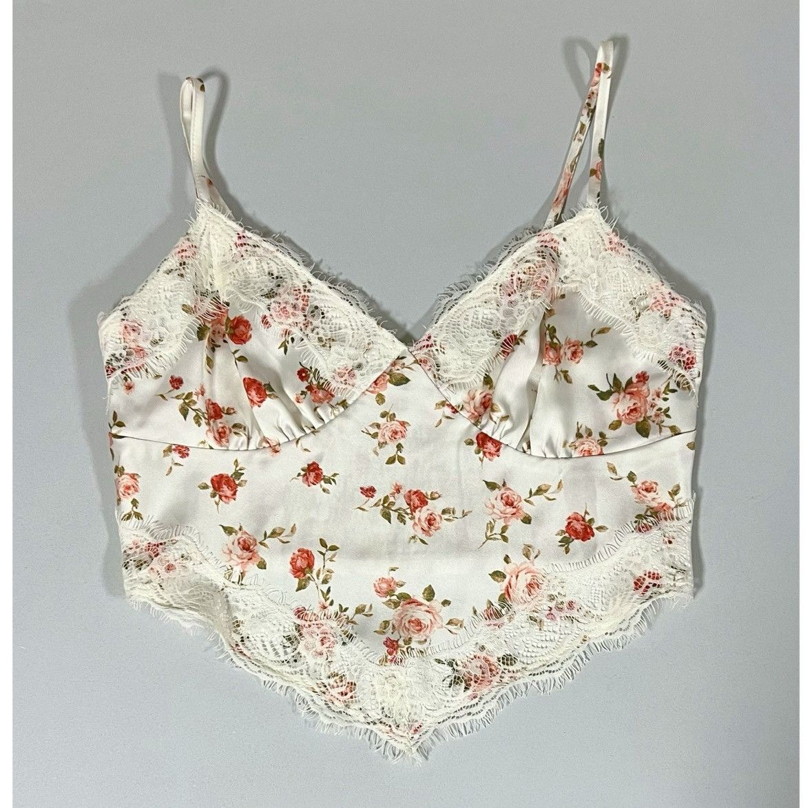 Japanese Brand White Pink Satin Lace Floral Crop Top Shirt Blouse Size M 🌹✨ Size M / US 6-8 / IT 42-44 - 1 Thumbnail