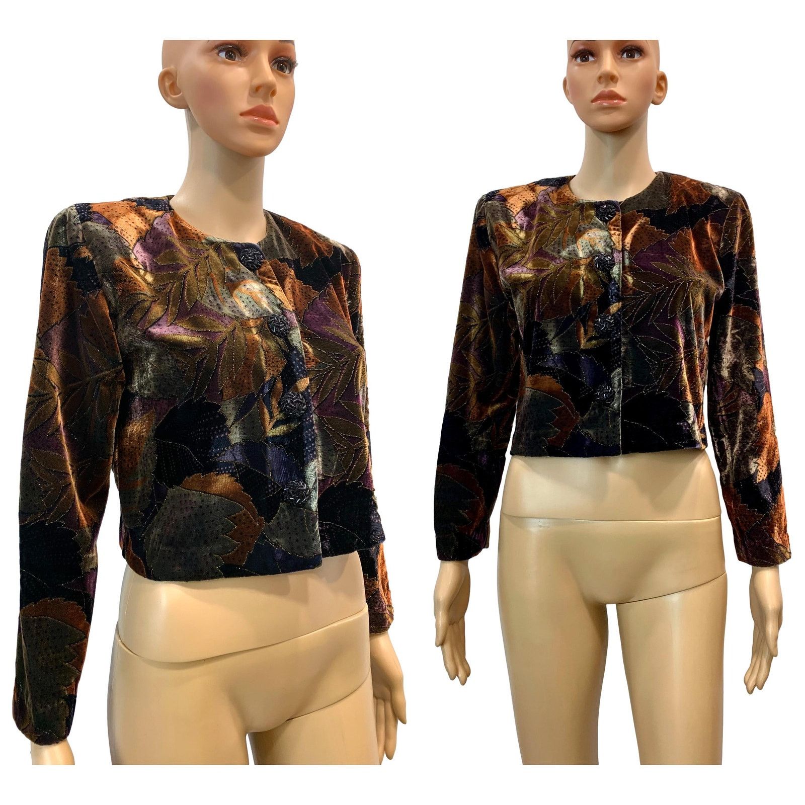 Vintage 80s Cropped Painted Velvet Jacket | Metallic Brown Purple Size S / US 4 / IT 40 - 8 Thumbnail