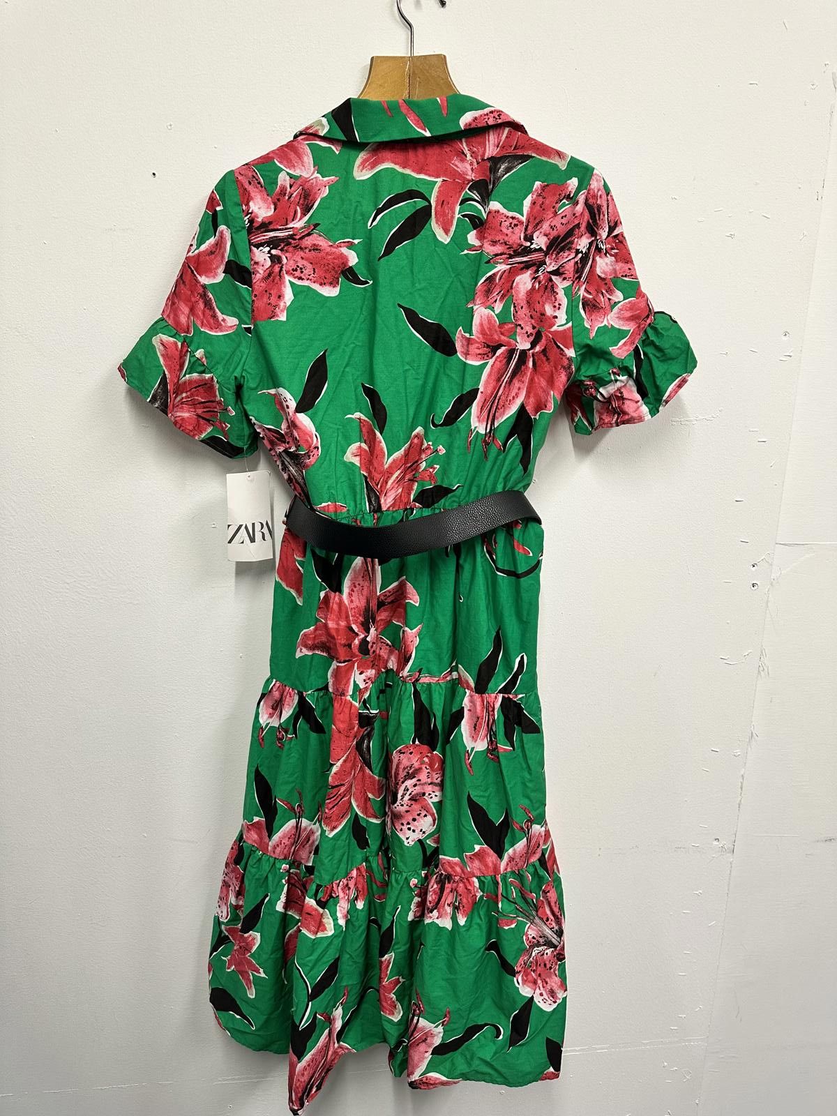 Zara ZARA Floral Print Green Midi Dress with Belt Size L Size L / US 10 / IT 46 - 4 Thumbnail