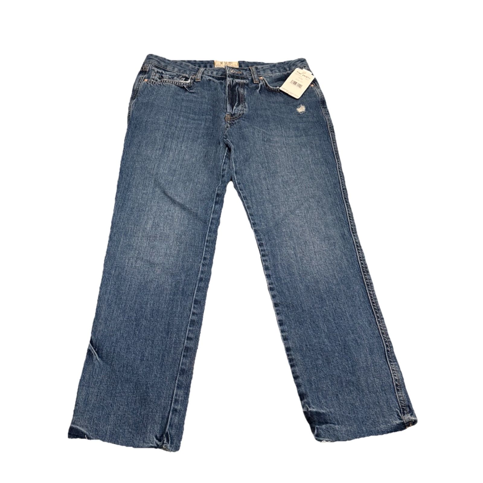 Free People We The Free Slim Boyfriend Distressed Raw Hem Jeans 27 Blue 100% Cotton Womens Regular Jeans 26.5 Inseam Size 27" / US 4 / IT 40 - 4 Thumbnail