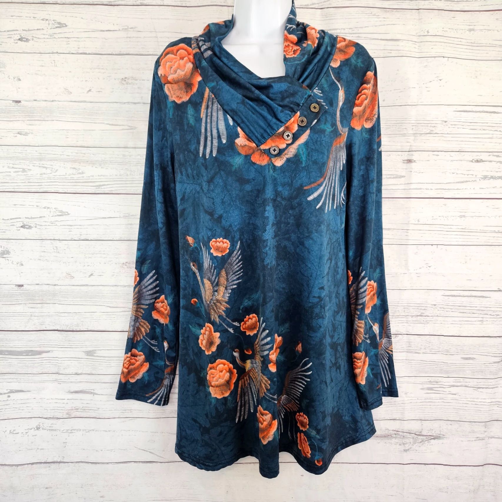 Vintage Azalea by Firmiana Top XL Blue Floral Birds Long Sleeve Womens Size XL / US 12-14 / IT 48-50 - 2 Thumbnail