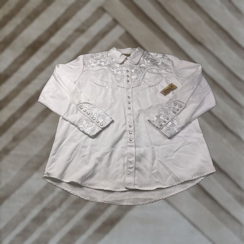 Scully Scully Shirt Men's XXL Floral Embroidered Snap Front Tooled White Button-Up Size US XXL / EU 58 / 5 - 1 Thumbnail