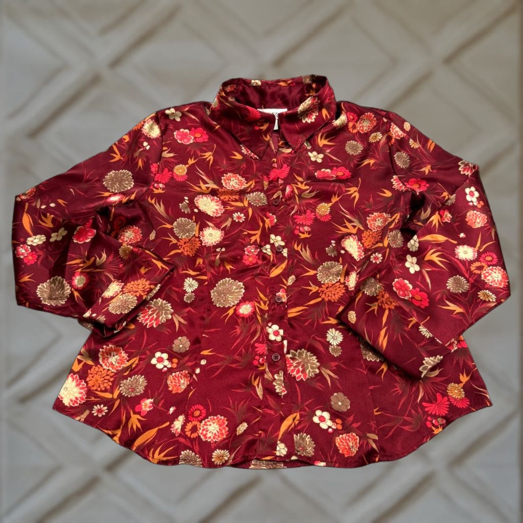 FRED VINTAGE Fred David Blouse Shirt Women XL Burgundy Red Floral Satin Button Down Top 90s Christmas Retro Floral Long Sleeve Ladies Regular Size XL / US 12-14 / IT 48-50 - 1 Thumbnail