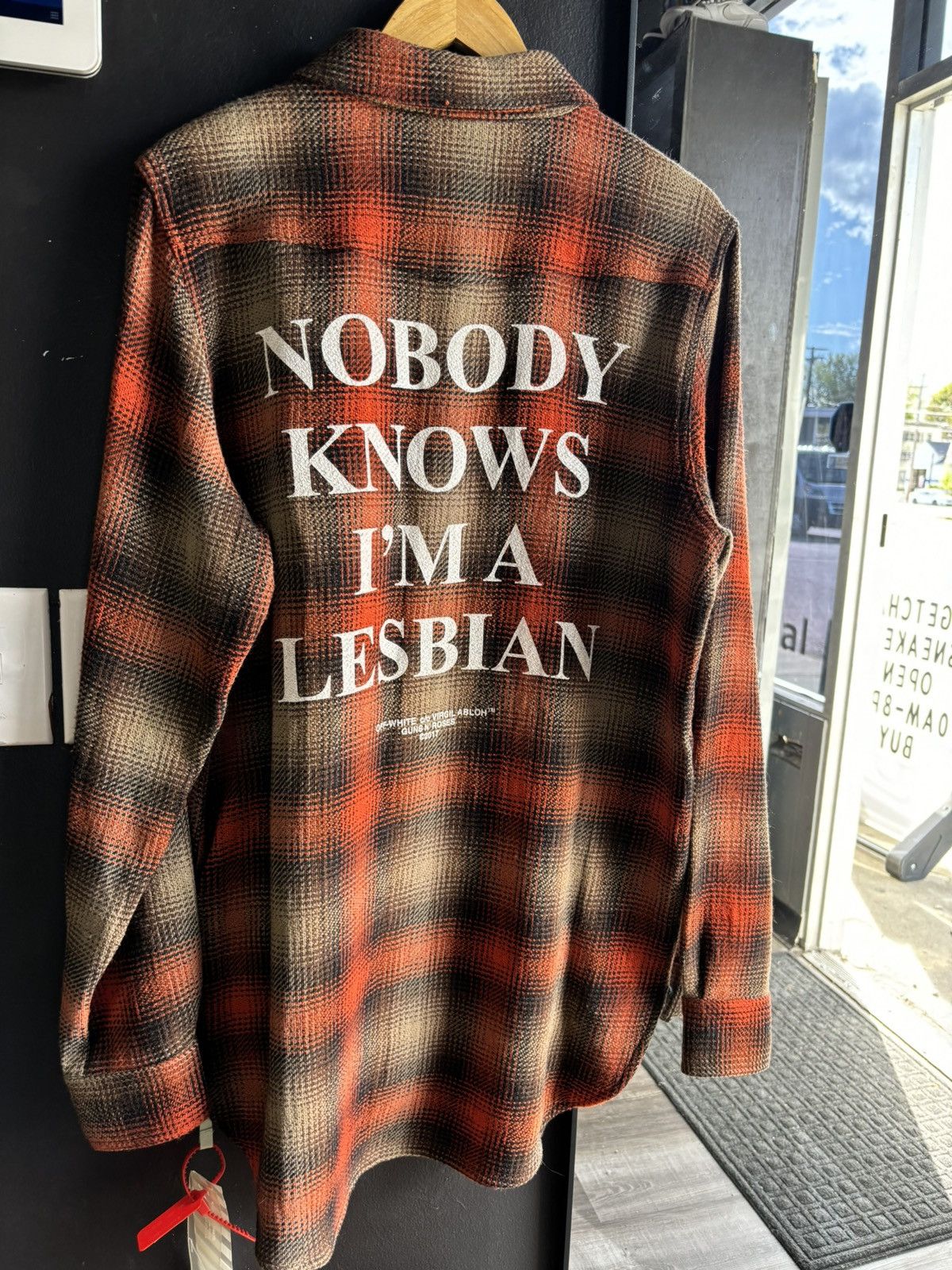 image of Off White Off-White Guns N’ Roses Nobody Knows I’M A Lesbian Flannel in Orange, Men's (Size Medium)