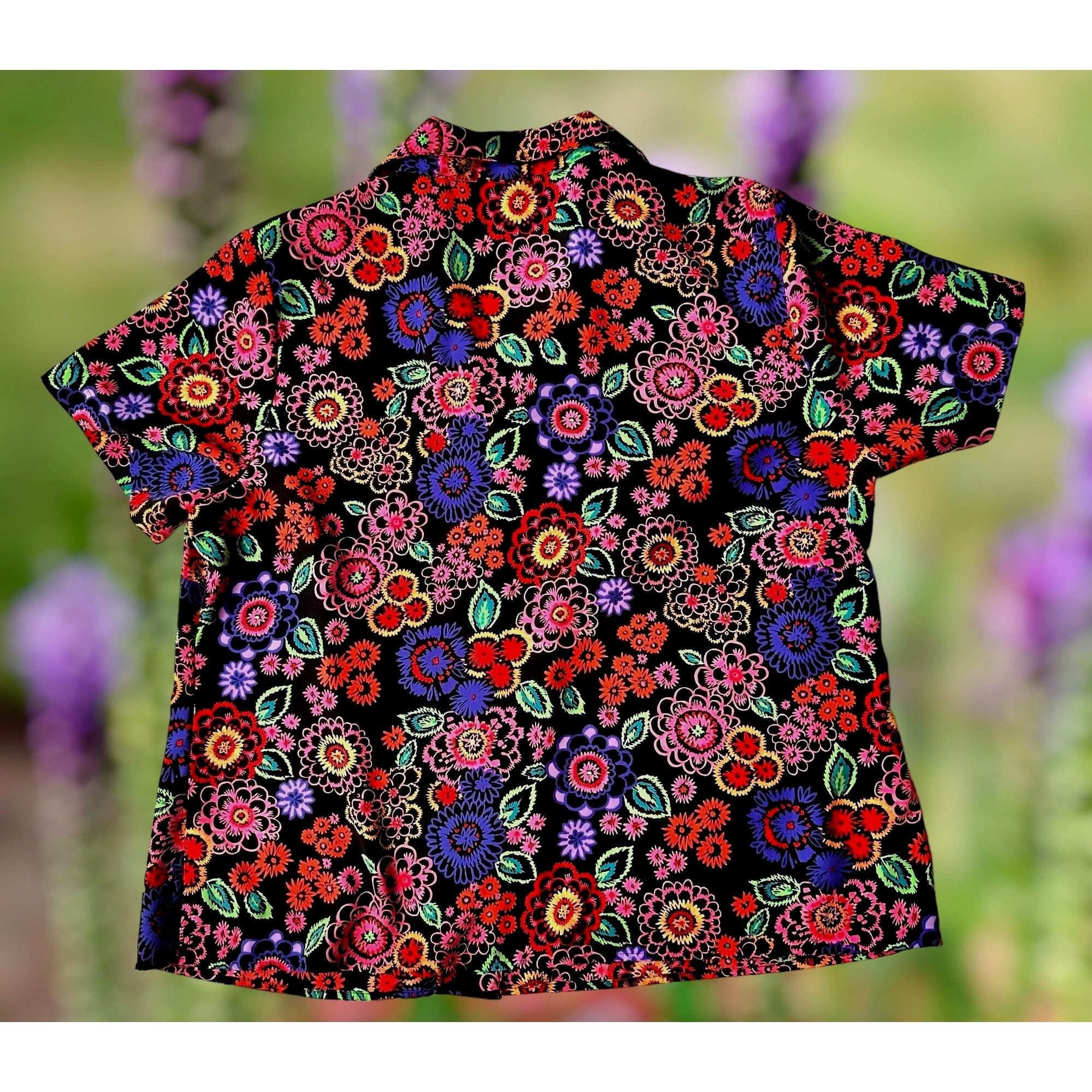 Vintage VTG Elementz Blouse Woman 1X Black Floral Shirt Button Short Size XL / US 12-14 / IT 48-50 - 4 Thumbnail