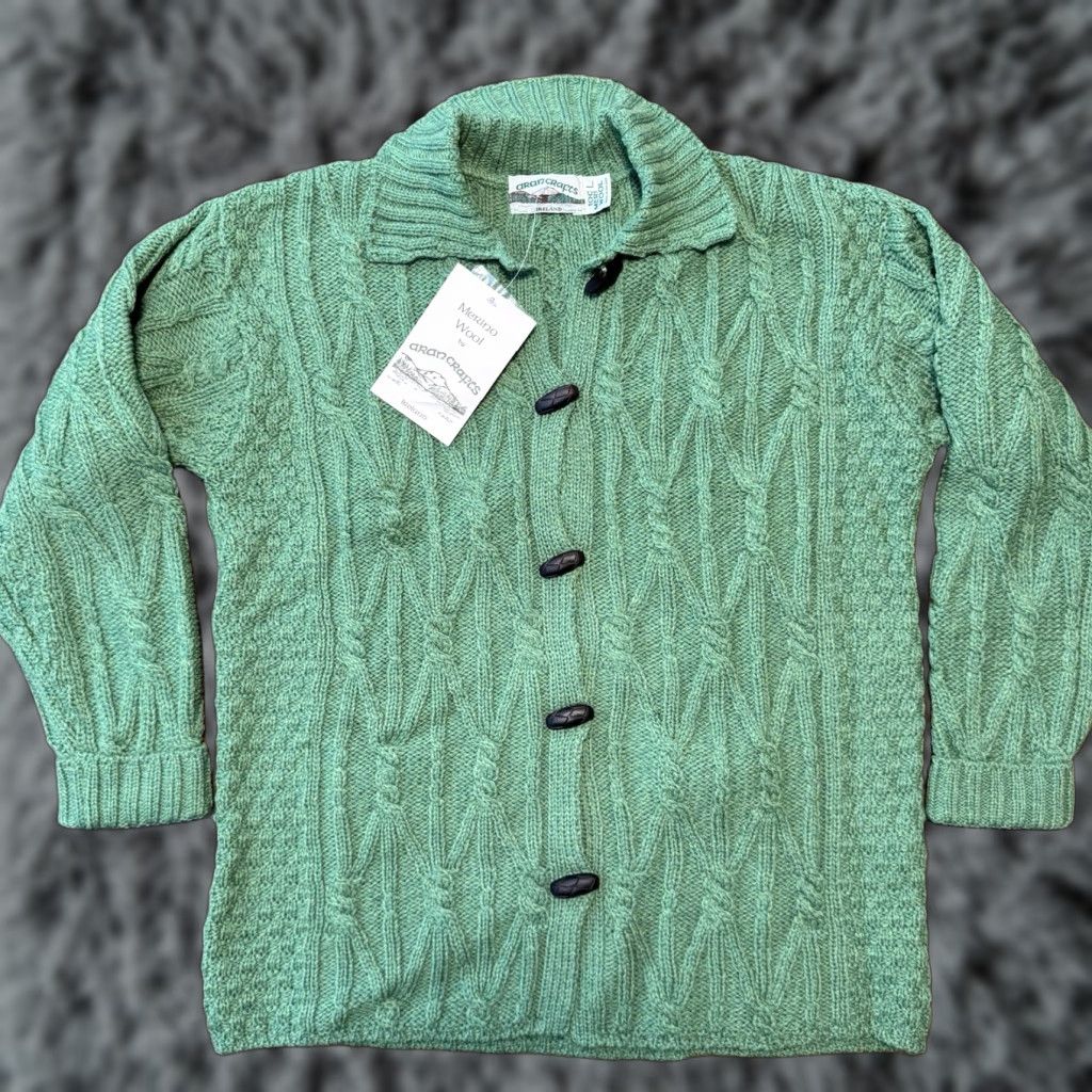 Vintage Aran Crafts Cardigan Women’s Large Green Merino Wool Button Cable Knit Sweater Knitwear Size L Regular Womens Vintage No Size L / US 10 / IT 46 - 1 Thumbnail