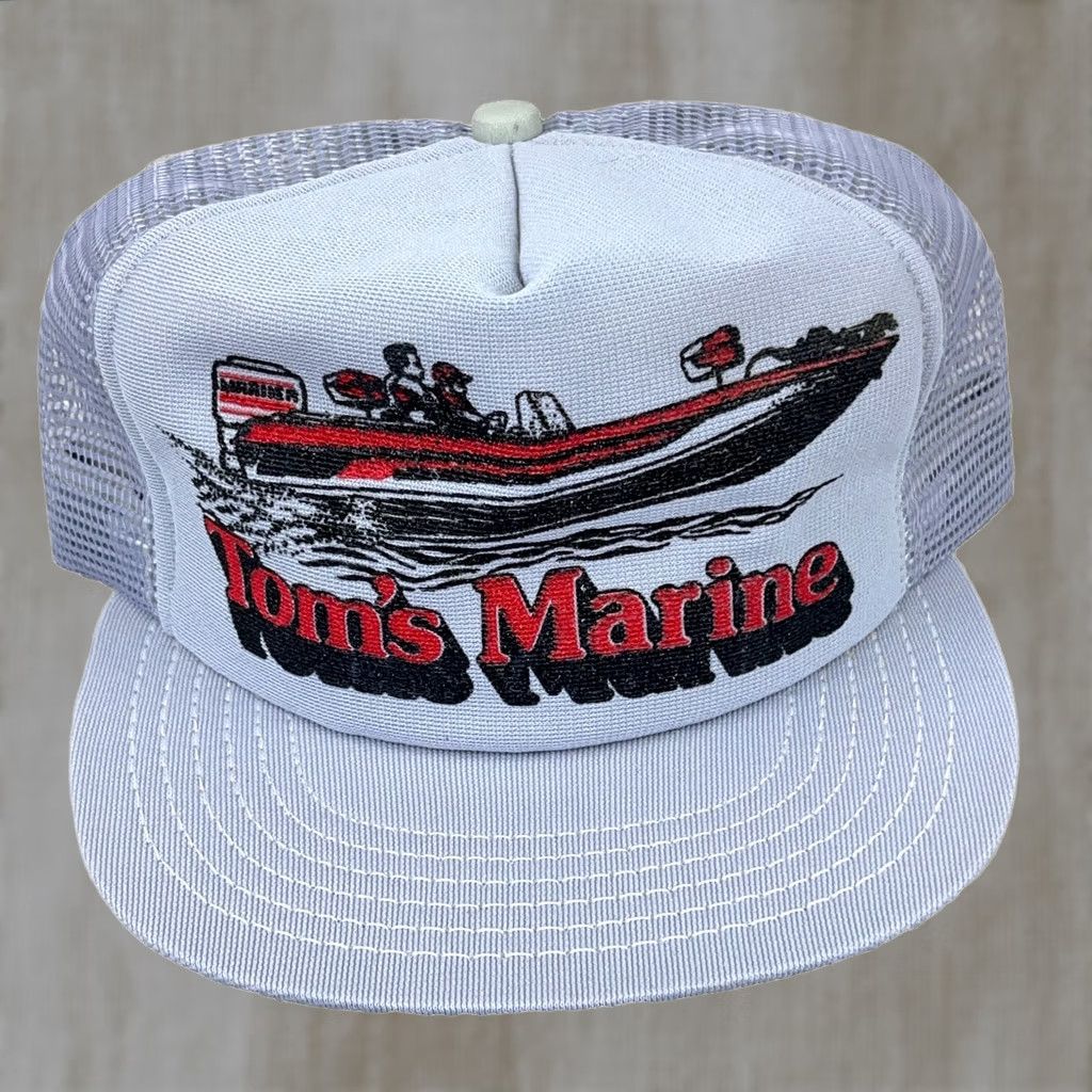 Toms VINTAGE Toms Marine Fishing Boat Puffy Print Trucker Hat Cap 80s 90s Made In USA Size ONE SIZE - 1 Thumbnail