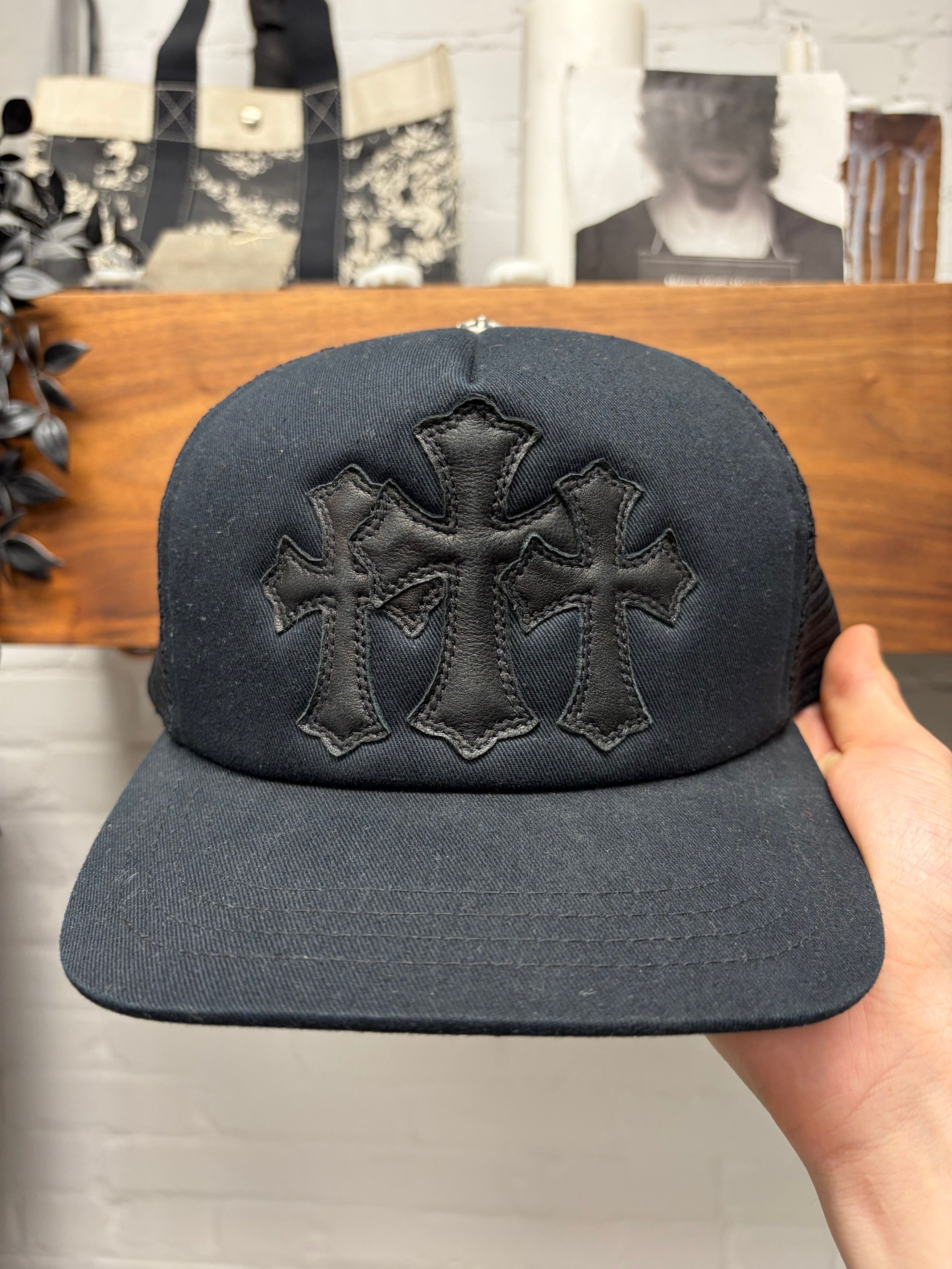 Chrome Hearts Chrome Hearts ‘Cemetery’ Black Leather Cross Patch Trucker Hat Size ONE SIZE - 1 Thumbnail