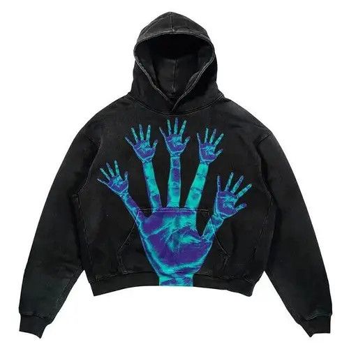 image of Vintage Oversized Palm Fancy Print Hoodie in Black, Men's (Size Large)