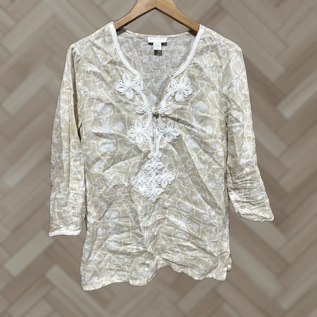 Charter Club Charter Club Linen Tunic Top Womens Large Floral Embroidered Beige Bohemian Tunic Shirt Size L Womens Size L / US 10 / IT 46 - 1 Thumbnail