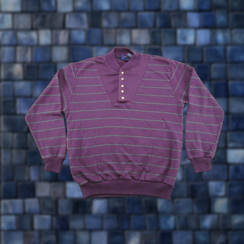 Vintage Stats Sweater Mens Purple Striped Knit 1/4 Button Mock Neck Pullover L 90s VTG Casual Size US L / EU 52-54 / 3 - 1 Thumbnail