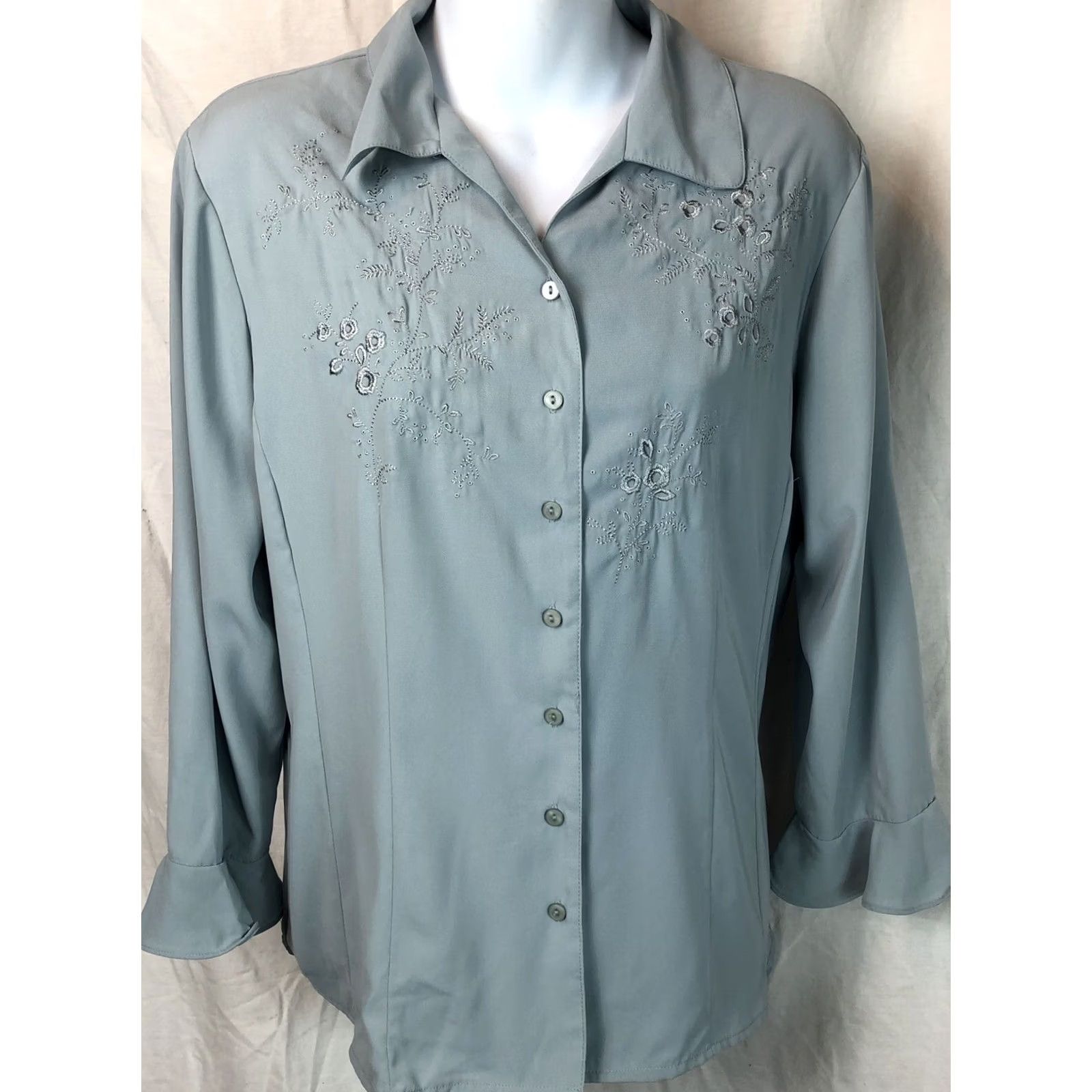 Vintage Covington Top Blouse L Blue Embroidered 3/4 Sleeve Ruffle Button Front Collared Shirt Women XL? Size L / US 10 / IT 46 - 5 Thumbnail