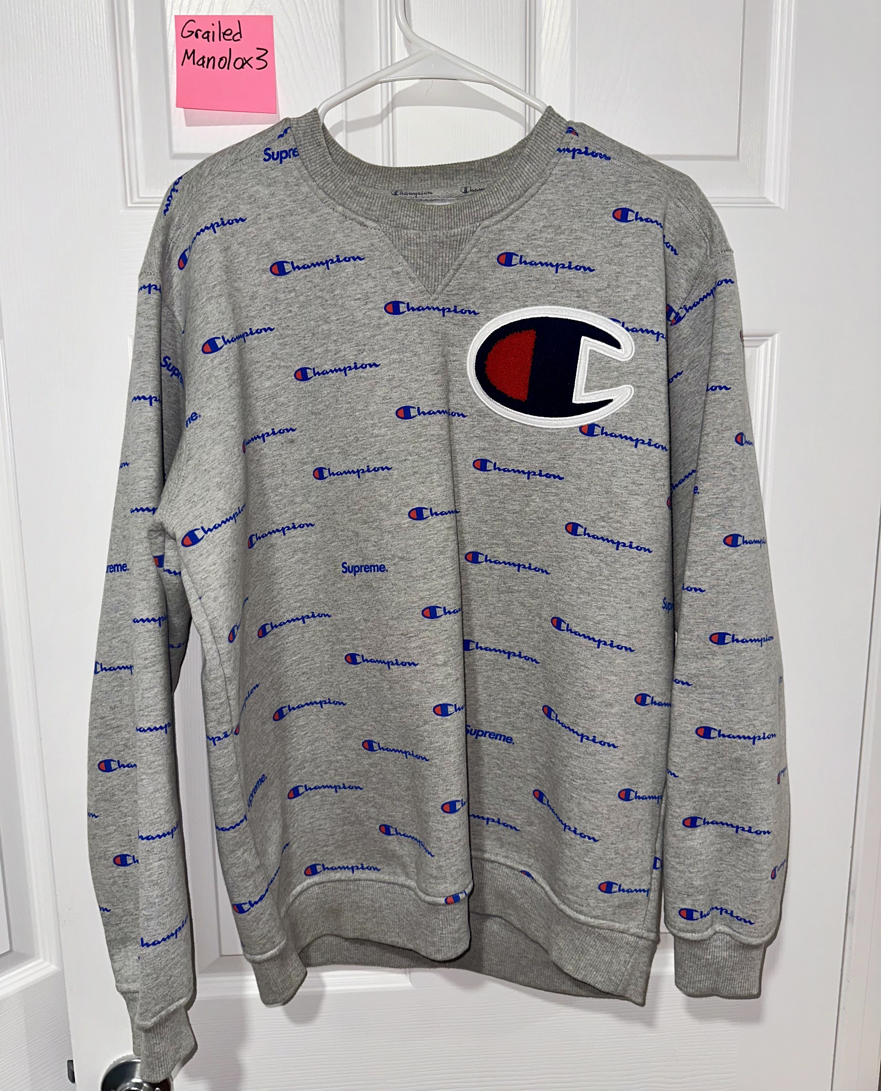 Supreme Champion x Supreme Grey Script All Over Crewneck | Grailed