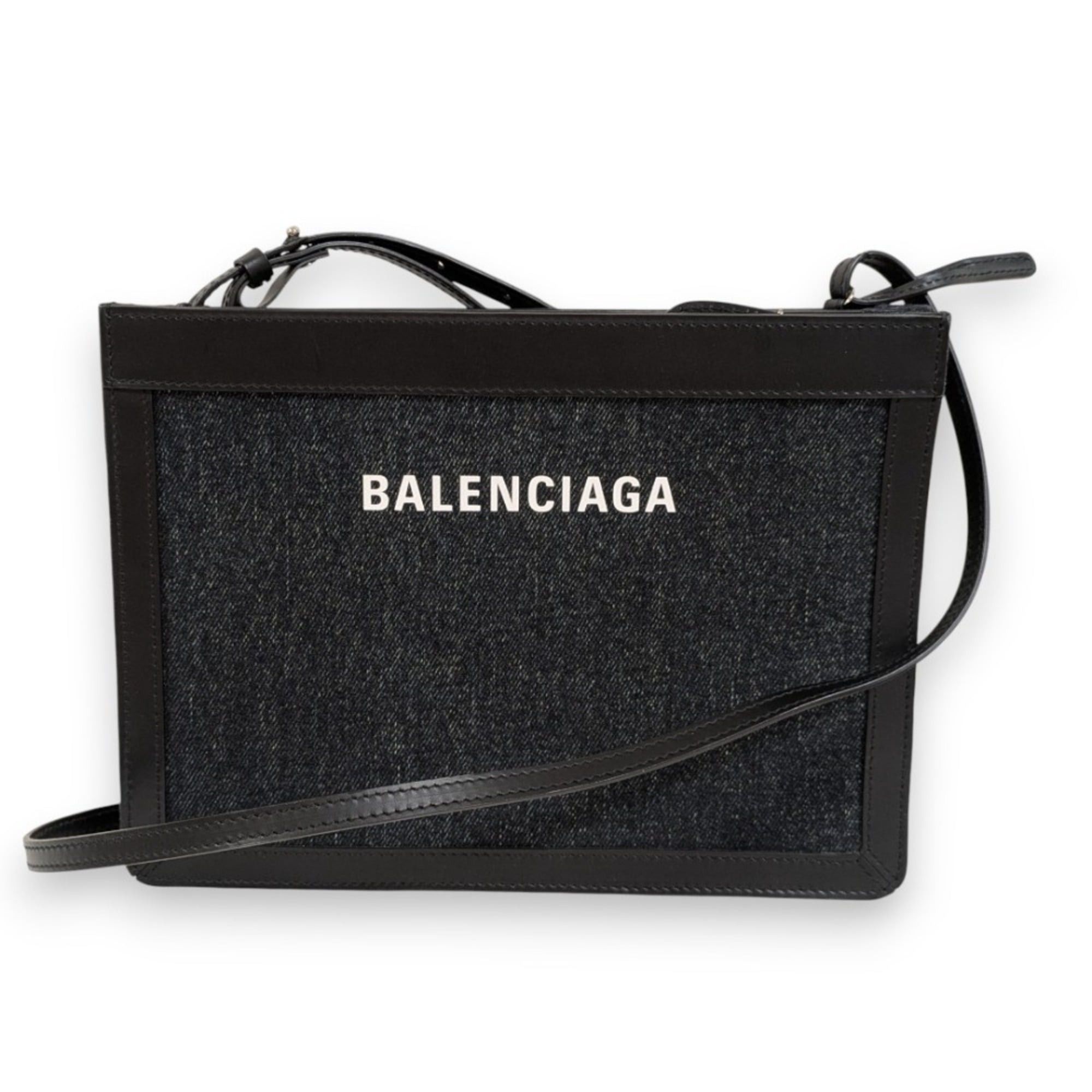 BALENCIAGA Navy Pochette Denim and Leather Shoulder Bag 339937 Black Women's