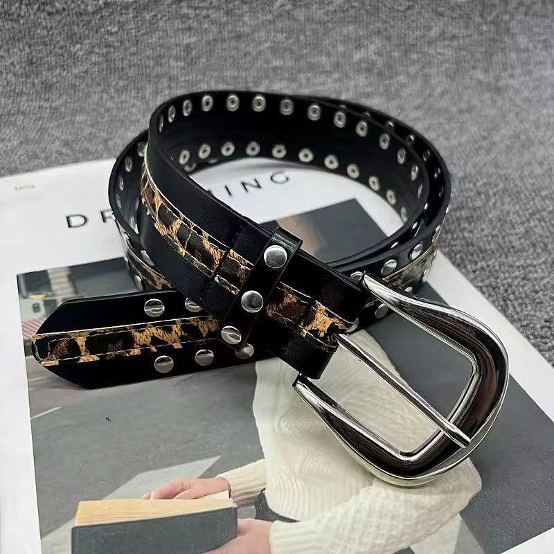 Leather Heavy Metal leopard print Rivet PU Leather Belt Size ONE SIZE - 2 Thumbnail