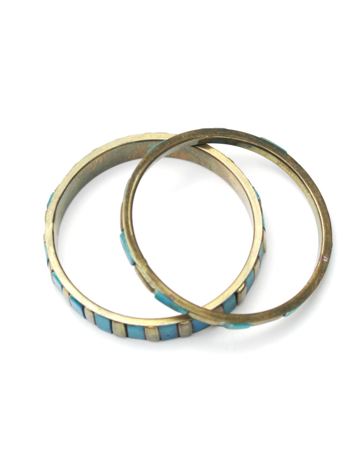 Vintage 1980S JAPANESE HANDCRAFTED TURQUOISE INLAY BRASS BANGLE SET Size ONE SIZE - 3 Thumbnail