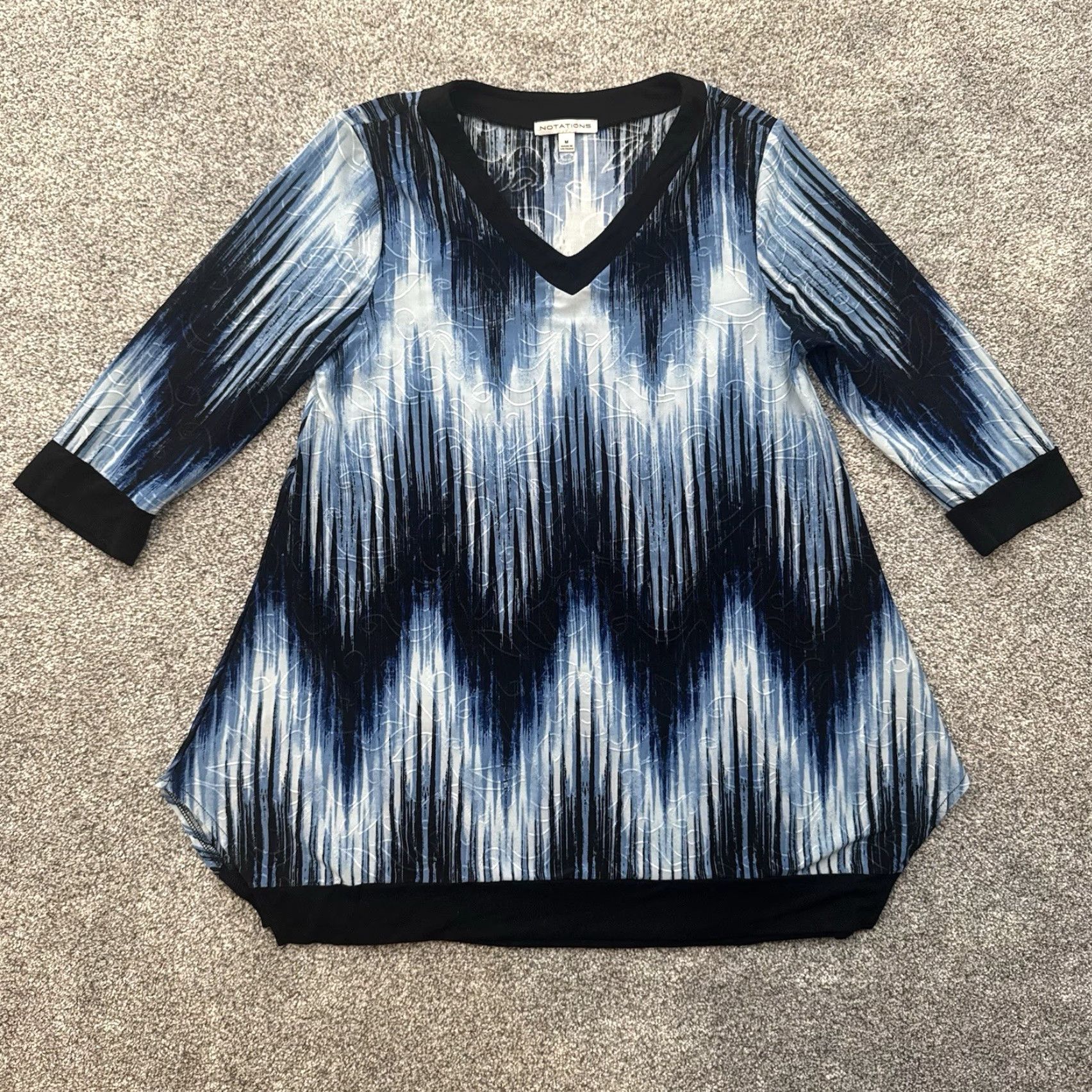 Vintage Notations Blouse Medium Retro Y2K Ombré Office Chic Embroidered Swirls Elegant Shirt Women M Blue Size M / US 6-8 / IT 42-44 - 2 Thumbnail