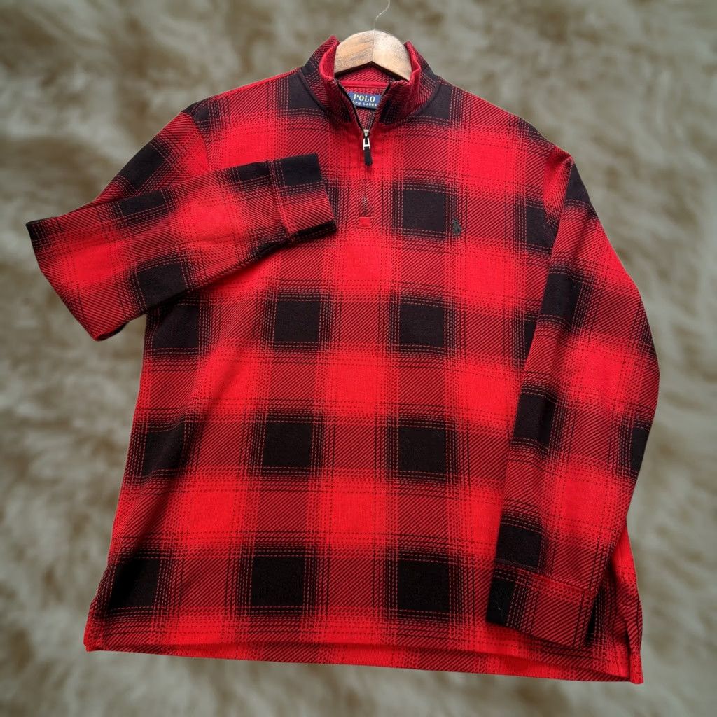 Polo Ralph Lauren Sweater Mens Medium Red/Black Cotton Buffalo Plaid Quarter Zip Preppy, Men's