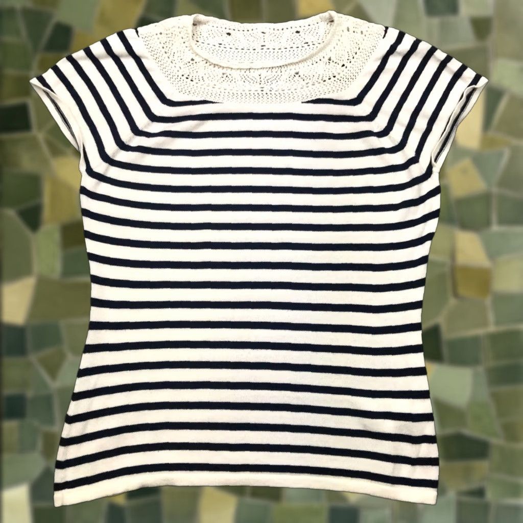 Chaps Chaps Striped Shirt Top Crochet Knit Neck Blue White Round Neck Large Womens Blouse Size L / US 10 / IT 46 - 1 Thumbnail