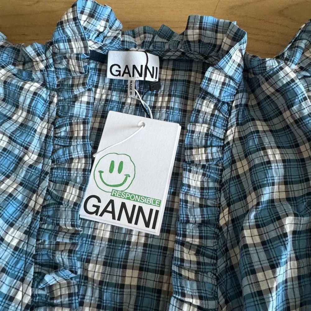 Ganni Ganni Seersucker Check Wrap Mini Dress Azure Blue XS NWT Size XS / US 0-2 / IT 36-38 - 7 Thumbnail
