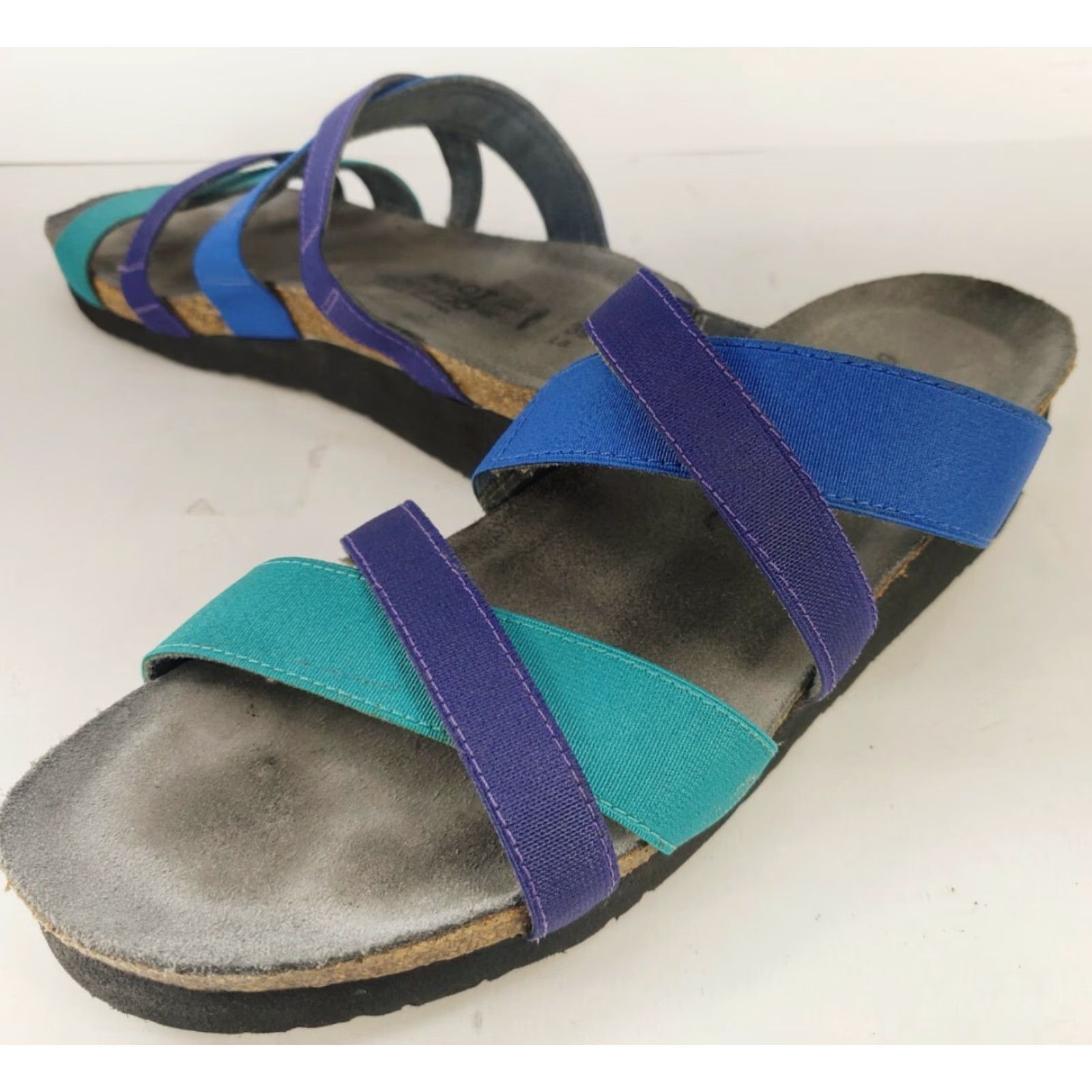 Vintage Naot Roxanna Sandals Strappy Aqua Blue Combo Leather Cork Insole Womens Sz 8 Slip On Beach Outdoor Casual Size US 8 / IT 38 - 2 Thumbnail