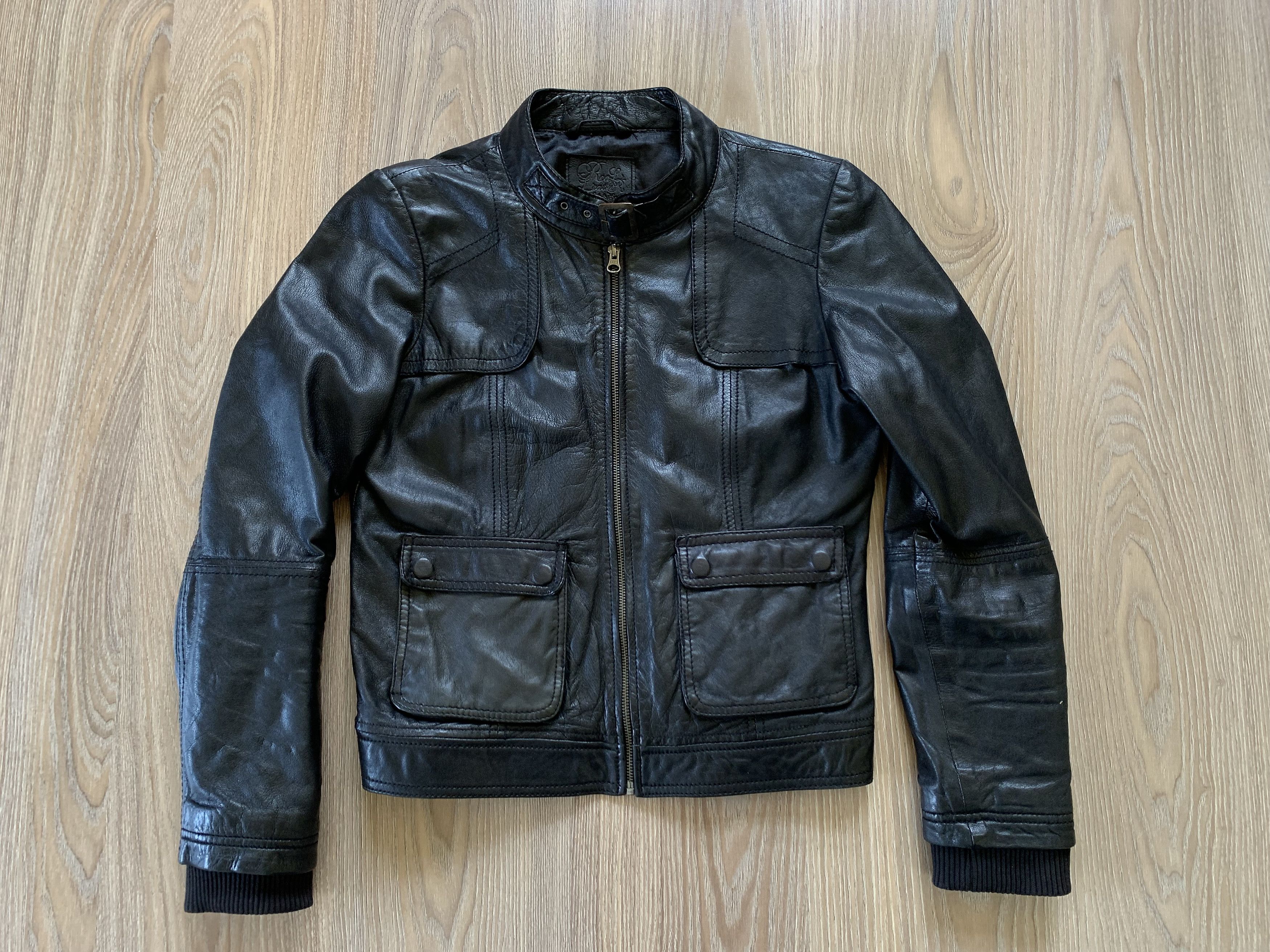 Genuine Leather × Stradivarius Stradivarius Womens Black Leather Multi Pocket Biker Jacket Size L / US 10 / IT 46 - 2 Thumbnail