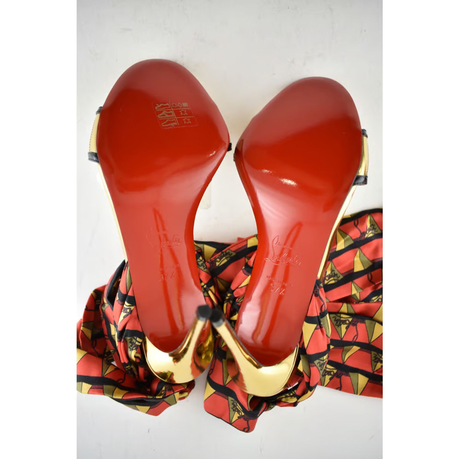 Christian Louboutin Baigneuse 100 Black Gold Red Lace Up Sandal Heel Pump 37.5 Size US 7.5 / IT 37.5 - 12 Thumbnail