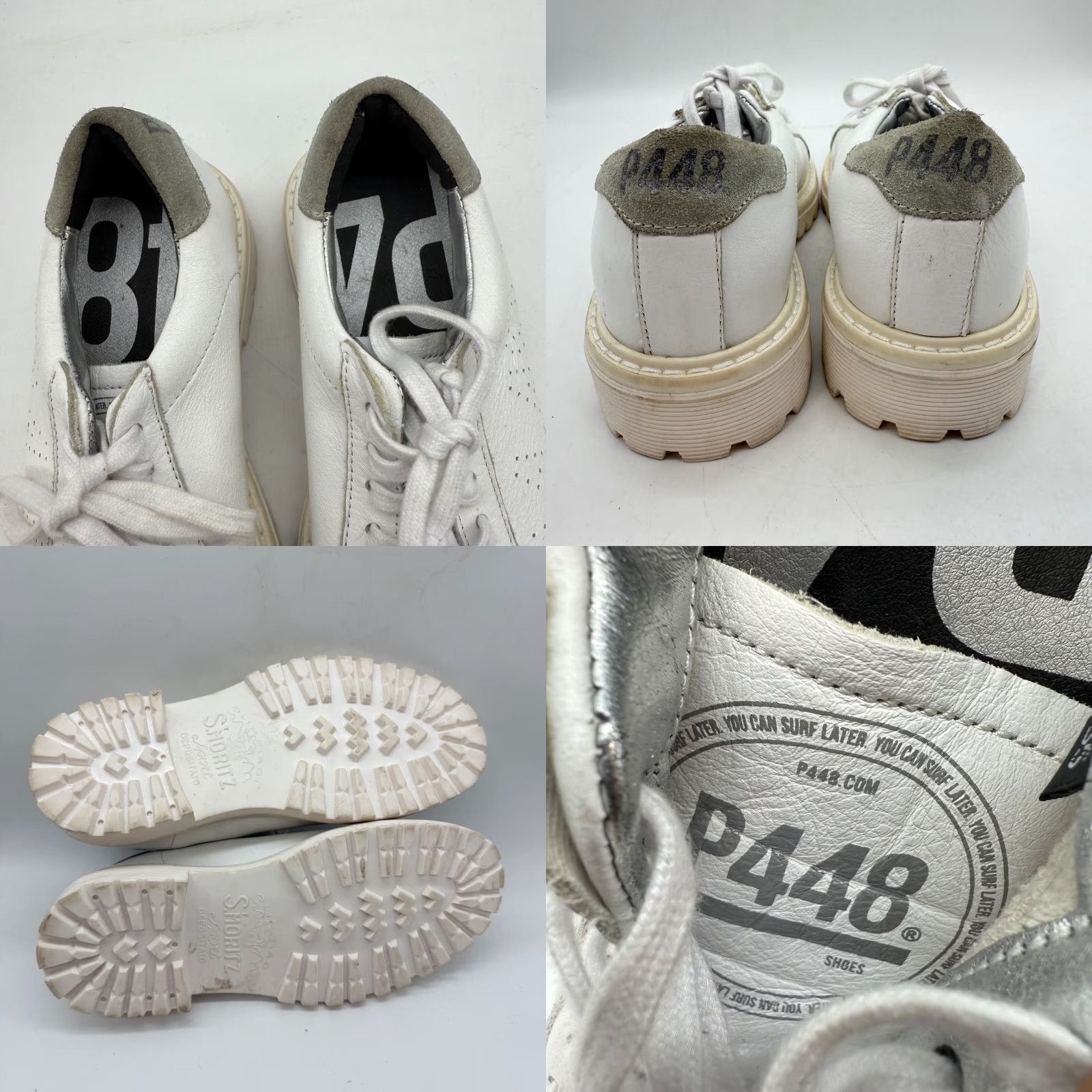P448 P448 Womens Sneaker Lace Up White Leather Size 35/US 5-5.5 Chunky Sole Leather White Sneakers Size US 5.5 / IT 35.5 - 8 Thumbnail