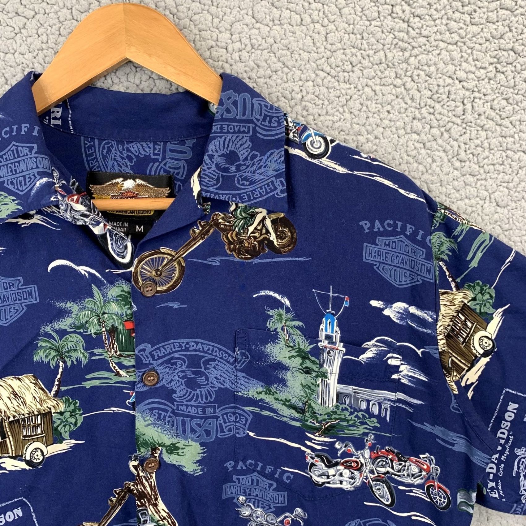 Harley Davidson VINTAGE Harley-Davidson Button-Up Shirt Mens M Blue 90s Hawaiian Rayon Short Sleeve Size US M / EU 48-50 / 2 - 2 Thumbnail